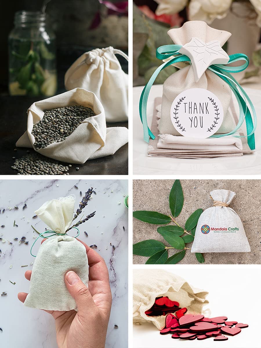 Mandala Crafts 100% Cotton Muslin Drawstring Bags 3x4 Inches - Natural Fabric Pouches for Jewelry, Spices, Wedding Favors, Party Treats & DIY Crafts - Reusable Cloth Gift Bags with Eco-Friendly Drawstrings - Perfect for Aromatherapy, Herbal Sachets and Small Item Storage