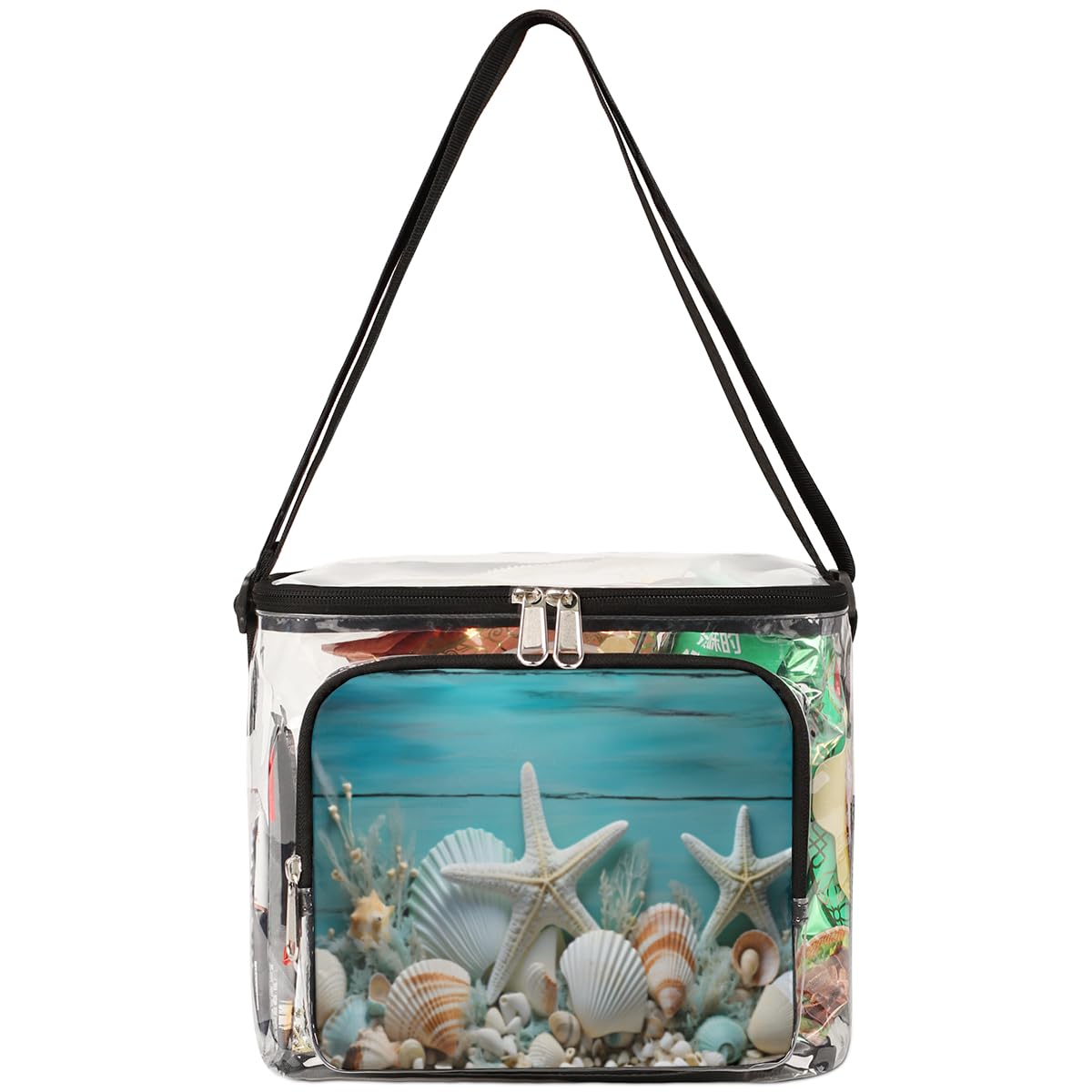 GzLeyigou Blue Wooden Starfish Seashell Transparent Beach Tote Bag with Handles - Clear Crossbody Shoulder Bag for Lunch, Outdoor, Travel, Picnic, Concerts & Sports Events | Perfect for Beach Days, Shopping, Music Festivals and Stadium Outings