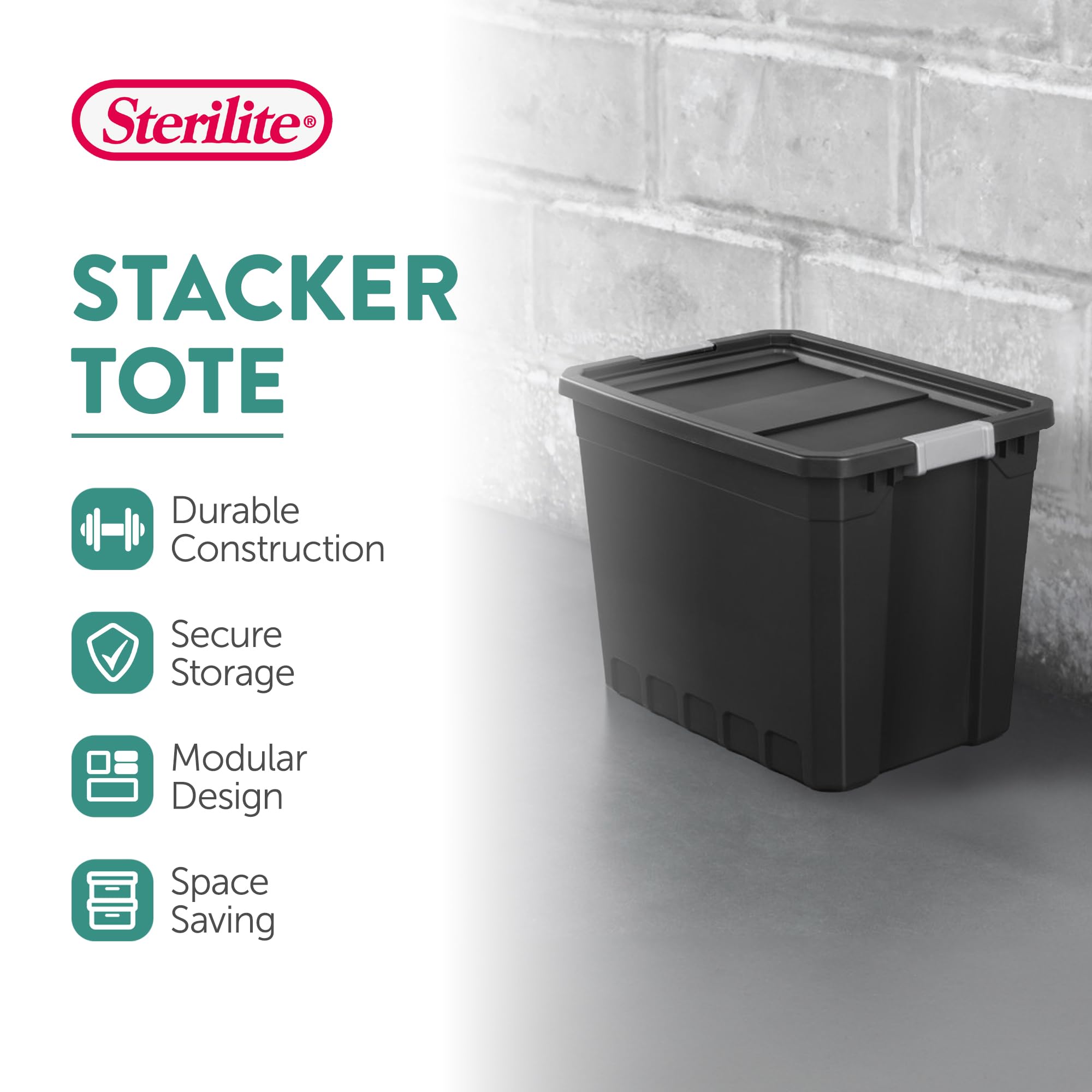 Sterilite 4-Pack 27 Gallon Black Plastic Storage Bins with Lids - Stackable Organizing Containers for Home, Garage & Office Storage Solutions