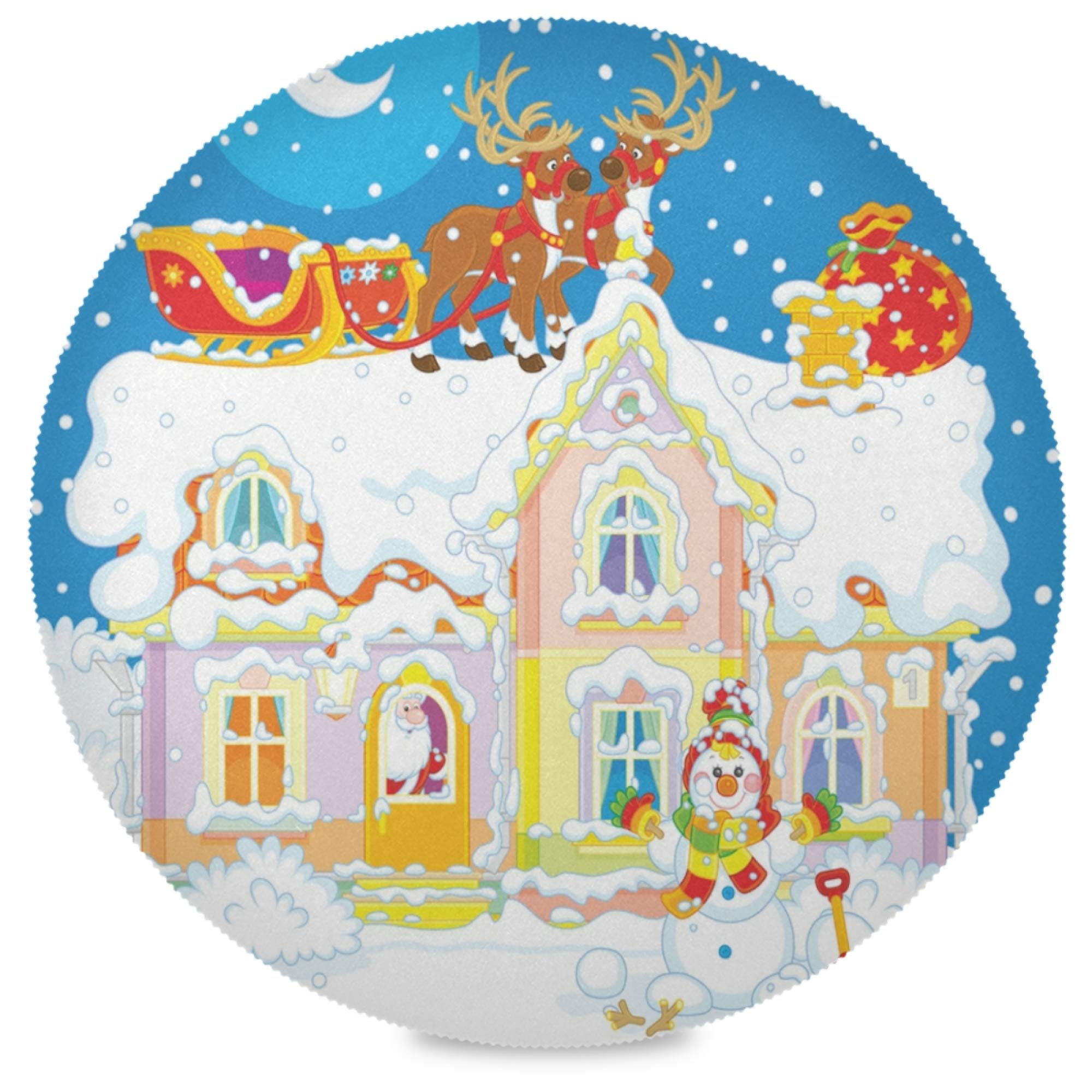 6-Pack Round Christmas Santa Sleigh Placemats - Wrinkle-Resistant, Heatproof & Washable Table Mats for Holiday Dining & Home Decor