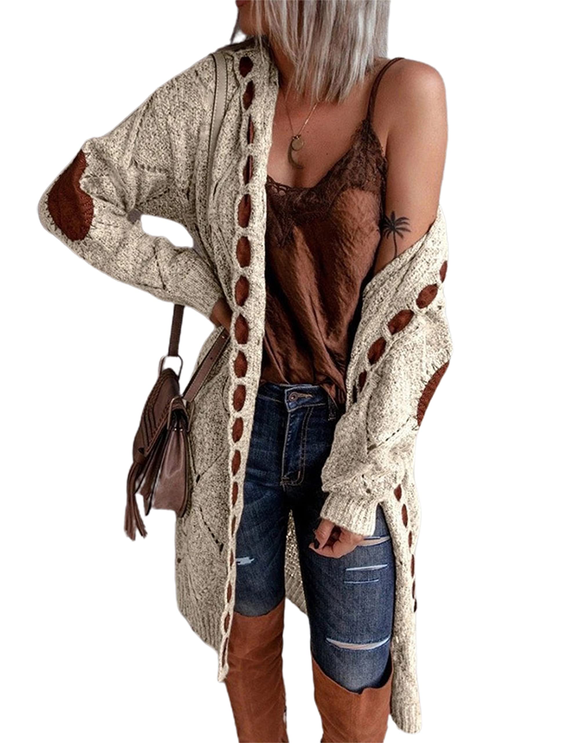 Yeokou Women's Retro Hooded Knit Long Cardigan Sweater - Long Sleeve Open Front Coat for Fall & Winter - Perfect for Casual Outfits, Office Wear and Layering in Cold Weather
