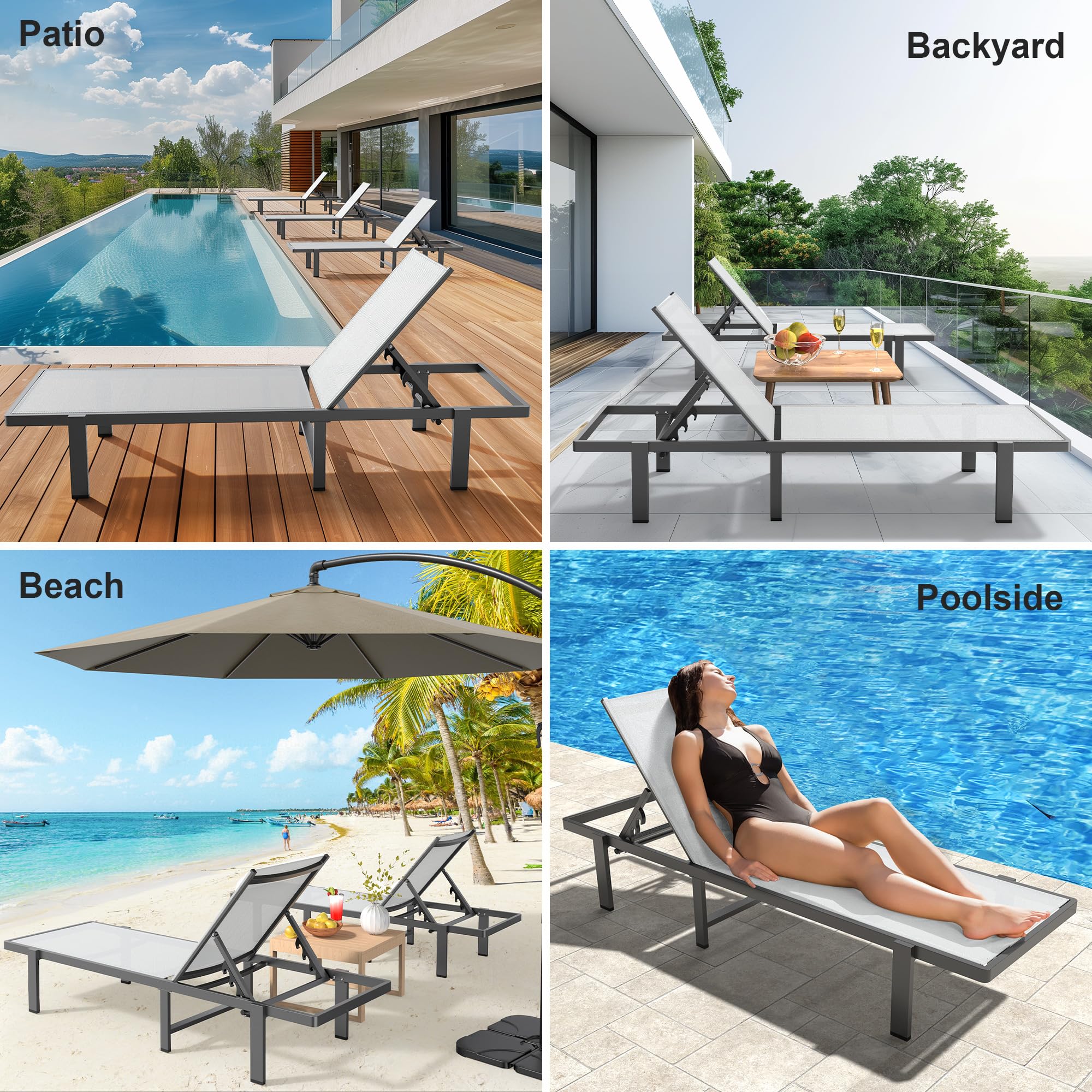 Adjustable Outdoor Lounge Chair 0-60° Reclining - Weather-Resistant Aluminum Tanning Chaise for Patio, Pool & Beach - Perfect for Sunbathing, Relaxing & Outdoor Lounging - White