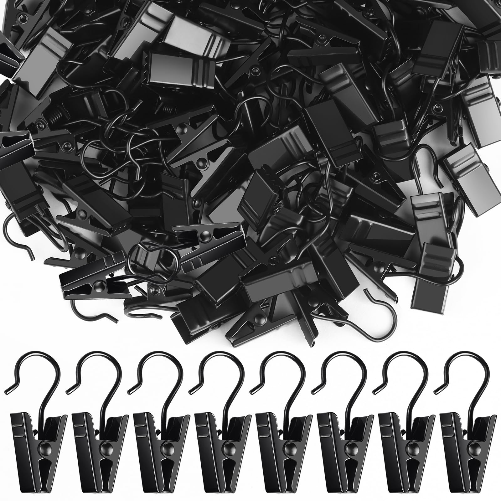 100 Pack Small Stainless Steel Curtain Clips & Hooks - Black Curtain Hanging Clips for Outdoor String Lights, Drapes, Sheers - Perfect for Patio, Wedding, Garden Decoration & Home Decor