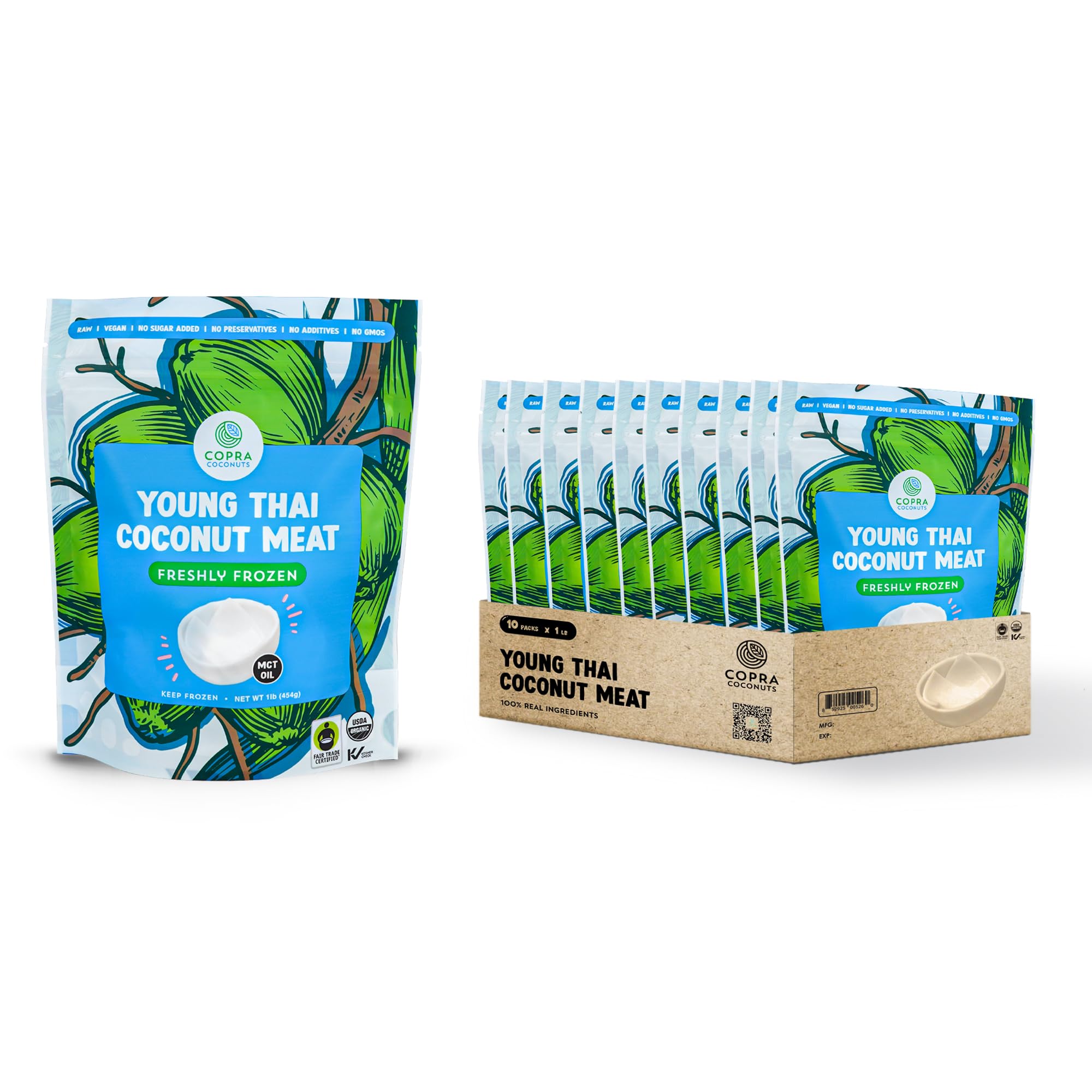 Organic Frozen Young Coconut Meat - 100% Pure, Gluten Free, Non-GMO, Vegan, Dairy Free, No Sugar Added, No Preservatives (10 Pack of 1lb Bags) | Perfect for Smoothies, Desserts & Healthy Snacks