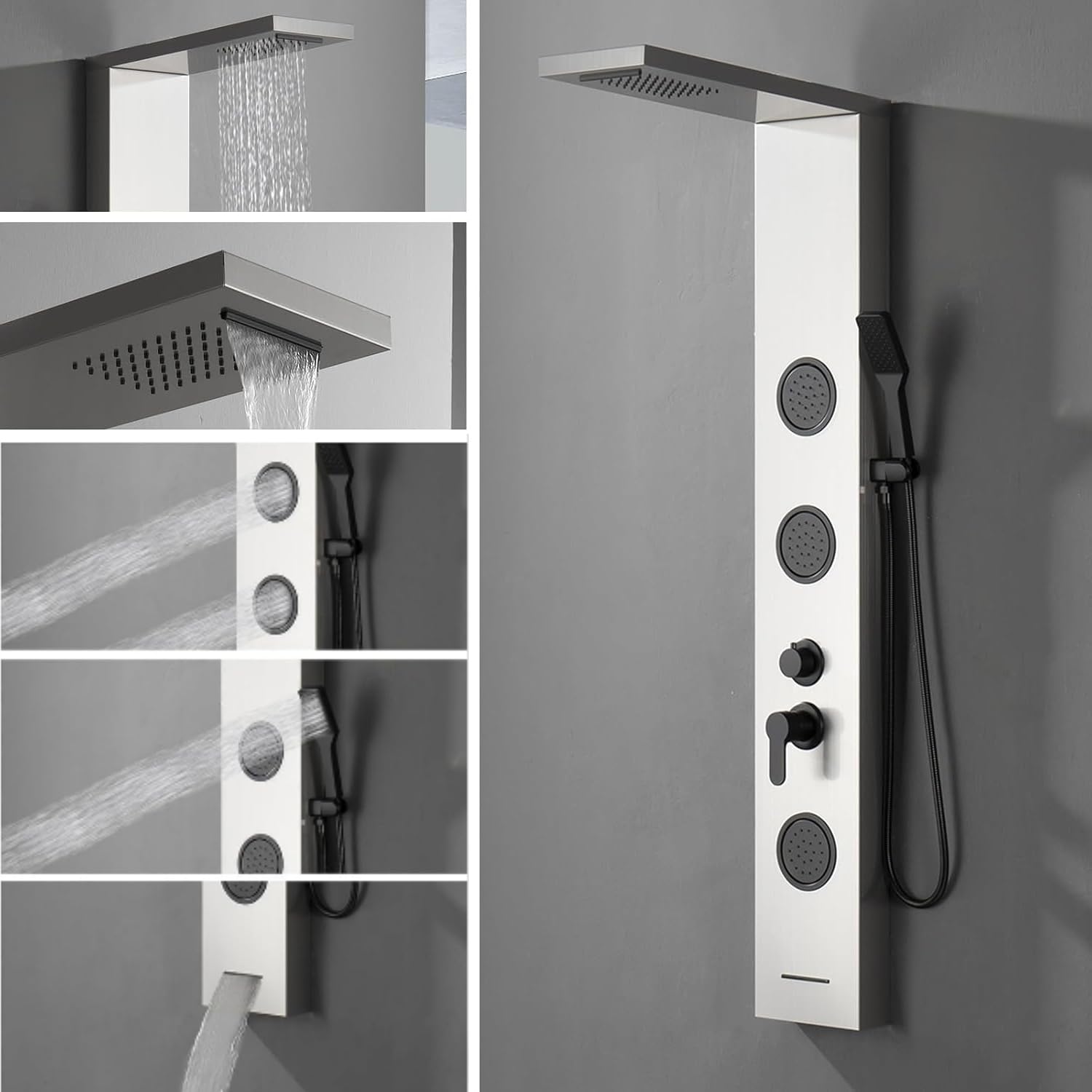 Premium Stainless Steel Shower Panel Tower System with Rainfall Shower Head, 3 Body Jets, Handheld Shower Wand & Tub Spout - Multi-Function Brushed Nickel Shower Tower for Luxury Bathroom Spa Experience