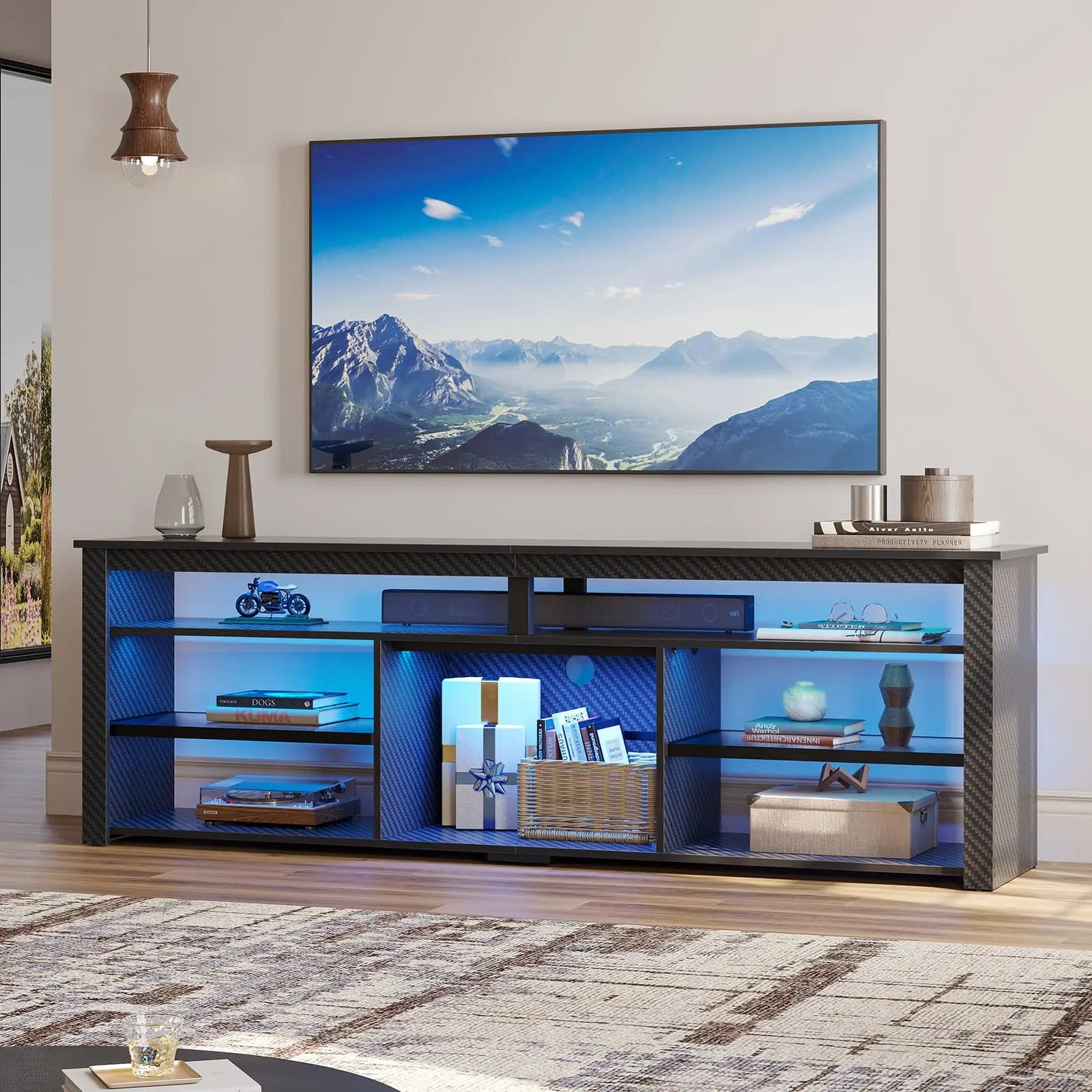 Bestier Tall LED TV Stand for 70/75/80 Inch TVs - Modern Entertainment Center with Storage Shelves - Perfect for Living Room, Bedroom & Home Theater Setup
