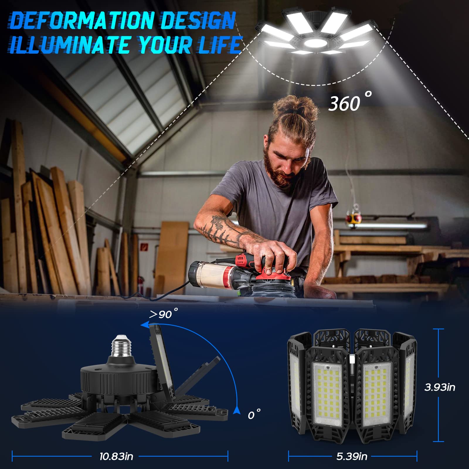 240W LED Garage Light with 8 Adjustable Panels - 24,000LM Bright Shop Light, 6500K Daylight White, E26/E27 Socket Compatible - Perfect for Workshops, Basements, Garages, and Barns