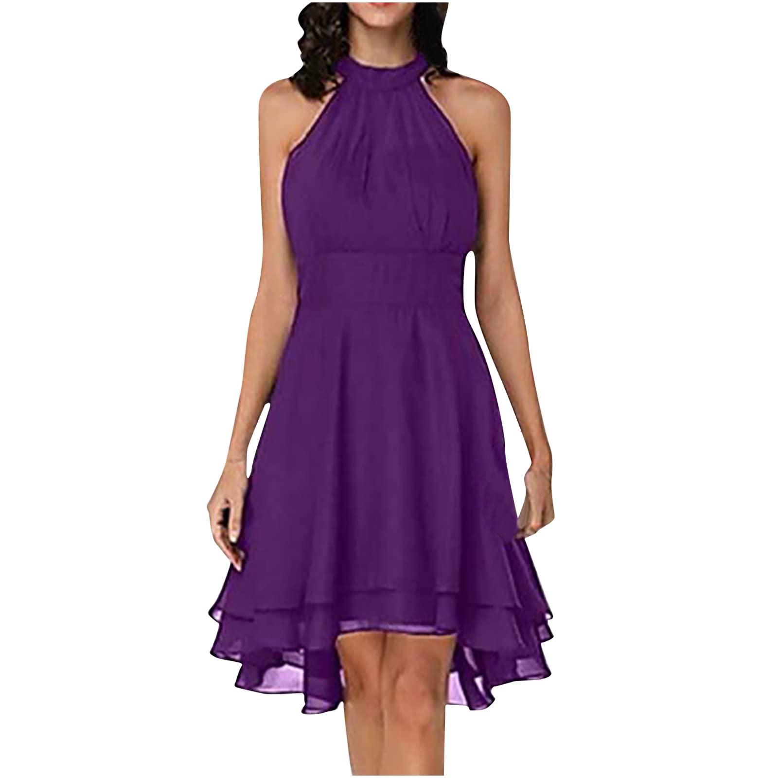 Women's Chiffon Sundress - Round Neck Sleeveless Double Layer Ruffled Pencil Dress for Summer | Beach Vacation, Garden Party & Casual Outings