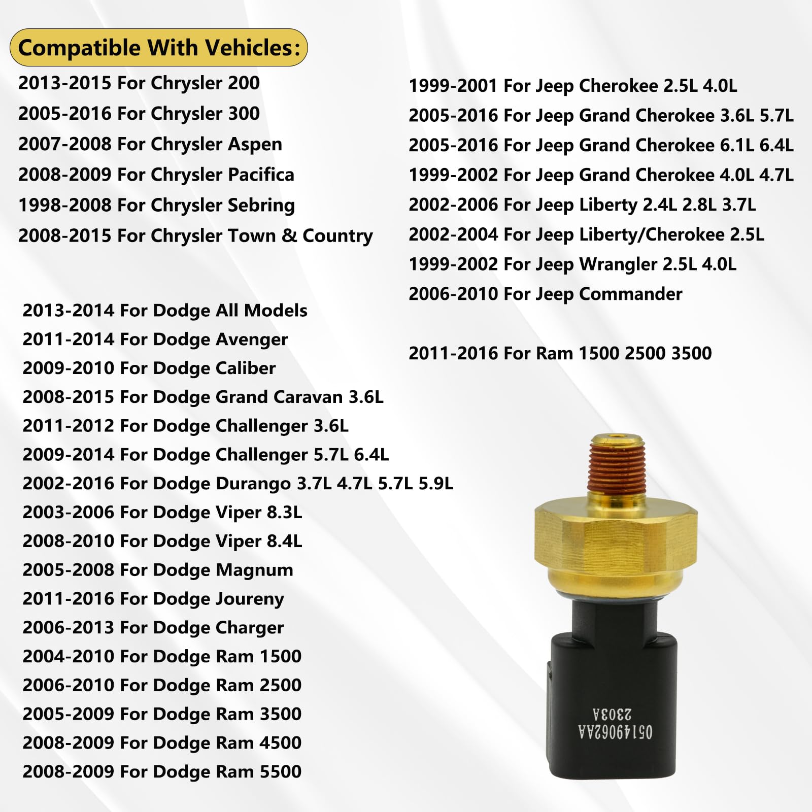 **5149062AA Engine Oil Pressure Sensor - Compatible with Chrysler 200, Aspen, Pacifica, Jeep Grand Cherokee, Dodge Magnum, Avenger, Ram 1500/2500/3500 - OEM 05149062AA, 5149064AA, 5149062AB - Perfect for Engine Maintenance & Performance Tuning**