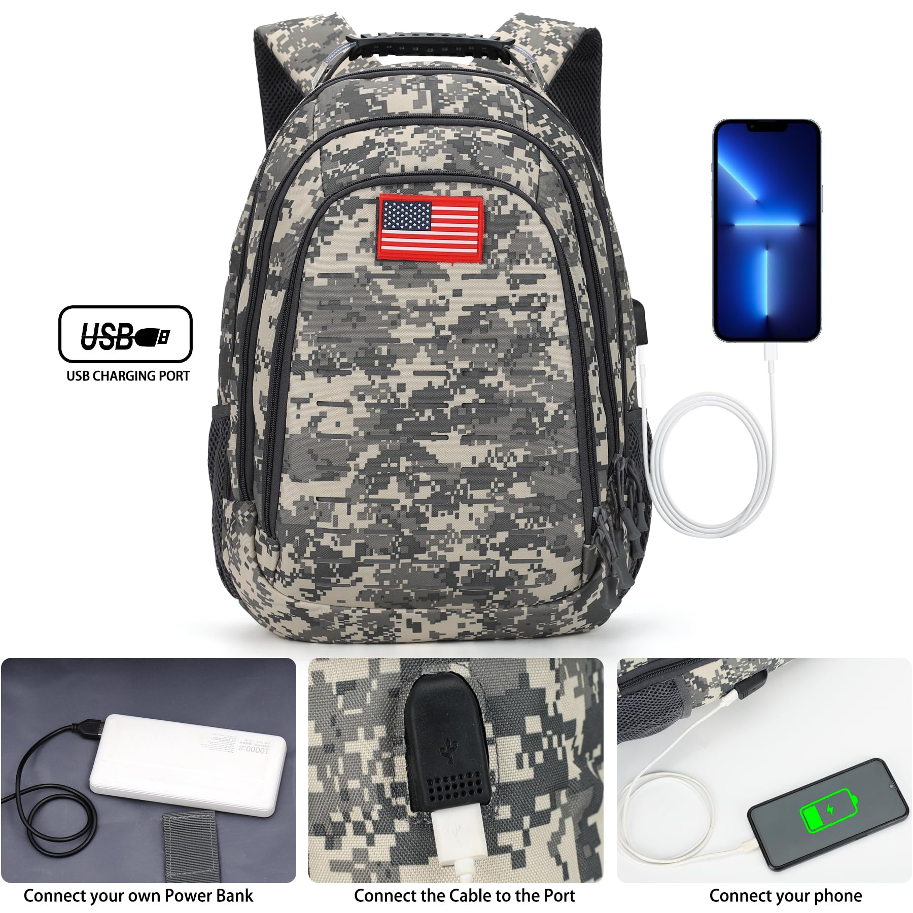 Camo Backpack for Boys & Teens - 40L Tactical School Bookbag with USB Charging Port - Durable Outdoor Hiking Backpack for School, Travel & Camping Adventures