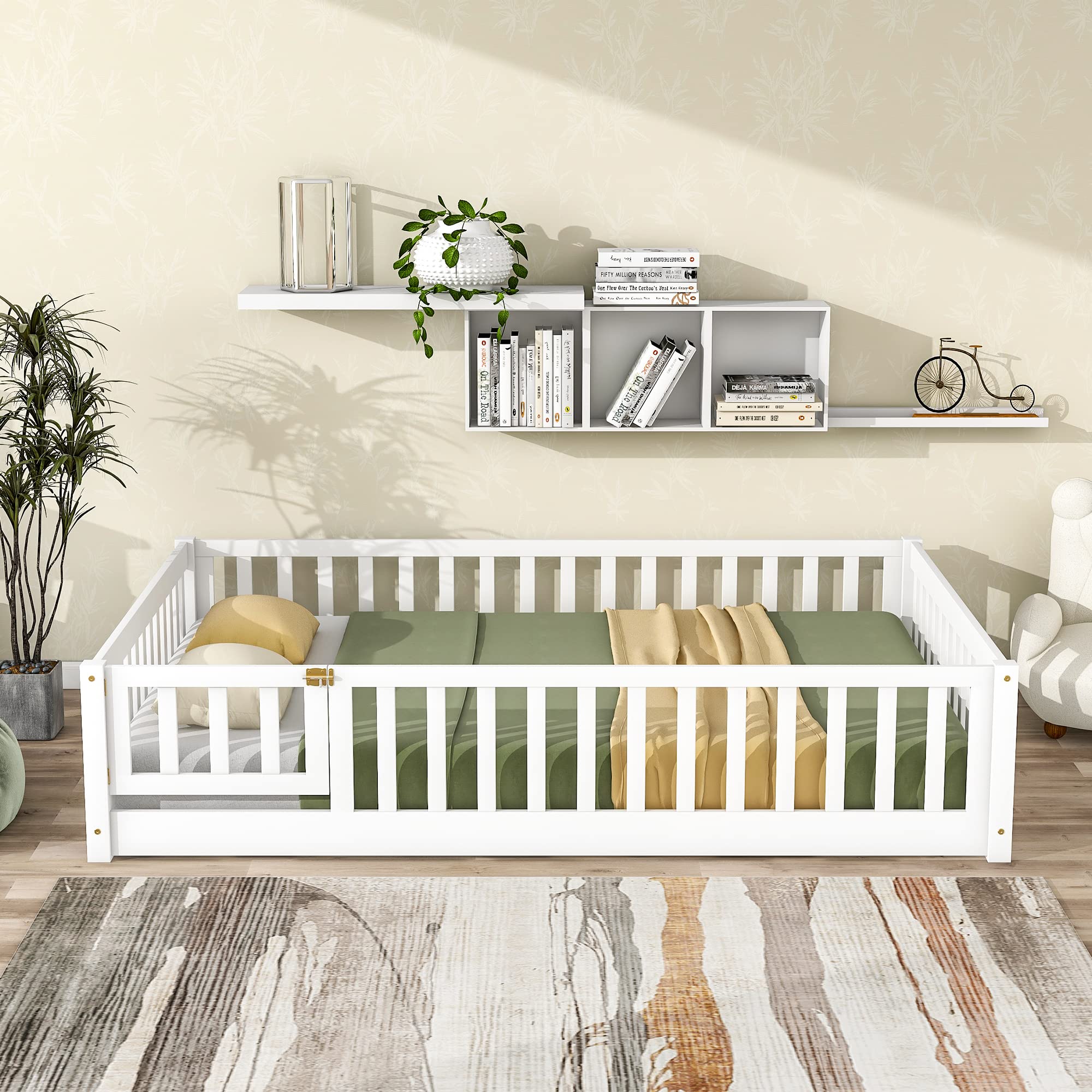 Montessori Floor Bed for Kids - Solid Wood Full Size Bed Frame with Safety Fence & Door, White Toddler Bed with Guardrails and Bed Slats | Perfect for Montessori Bedrooms, Daycare Centers & Safe Toddler Sleep Spaces