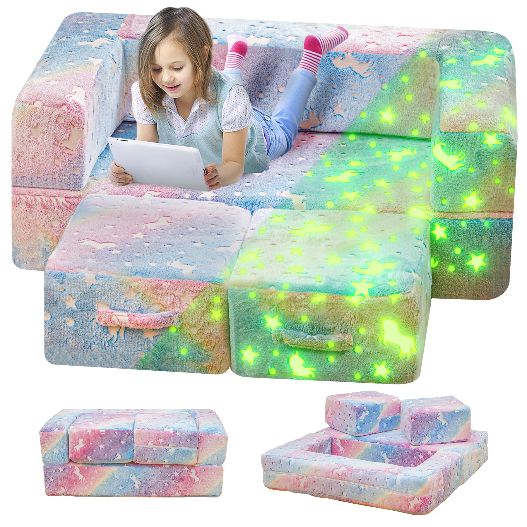 Glow in The Dark Modular Kids Play Couch - Convertible Toddler Sofa with Foldable Foam Cushions for Playroom & Bedroom | Rainbow Unicorn Design | Perfect for Indoor Playtime, Sleepovers & Reading Nooks
