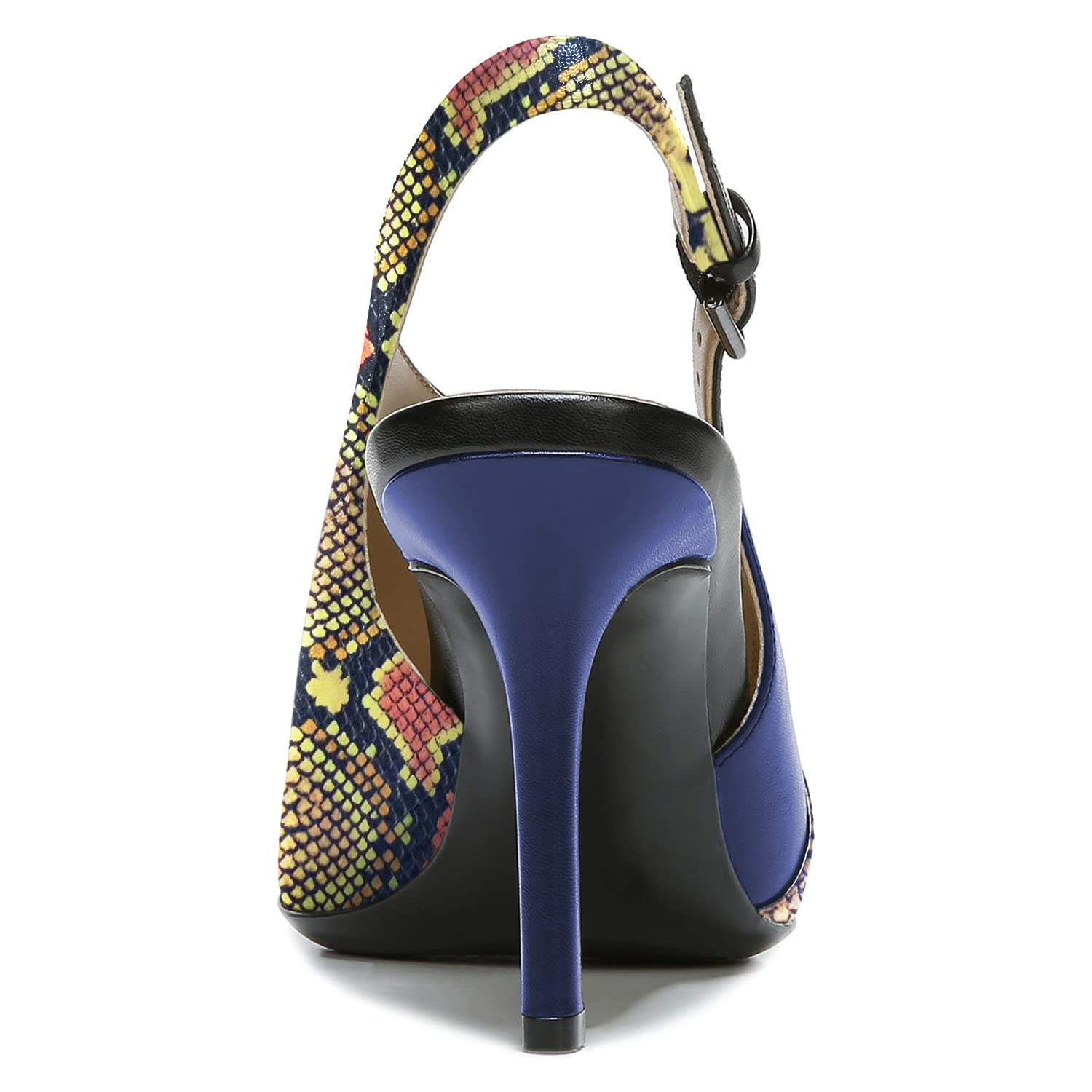 FOWT Women's Spring Two-Tone Patchwork Snakeskin Slingback Pumps - Elegant Pointed Toe 3 Inch Heels with Buckle Strap (Black, US Size 4-16 M) | Perfect for Office, Parties & Casual Everyday Wear