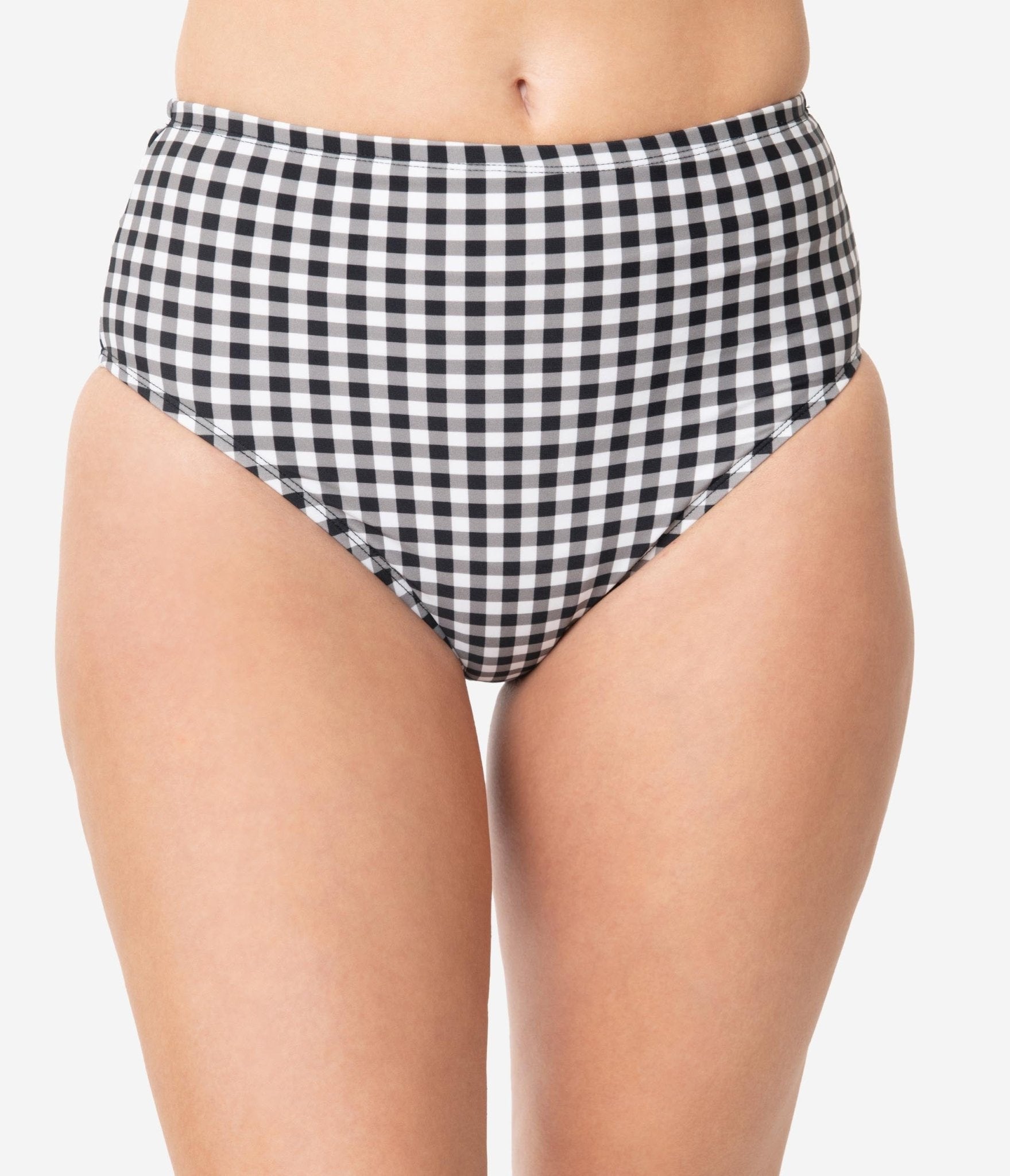 Retro Pin Up Style Black & White Gingham High Waisted Swim Bottoms for Women - Vintage Bathing Suit Bottom for Pool, Beach & Summer Vacations