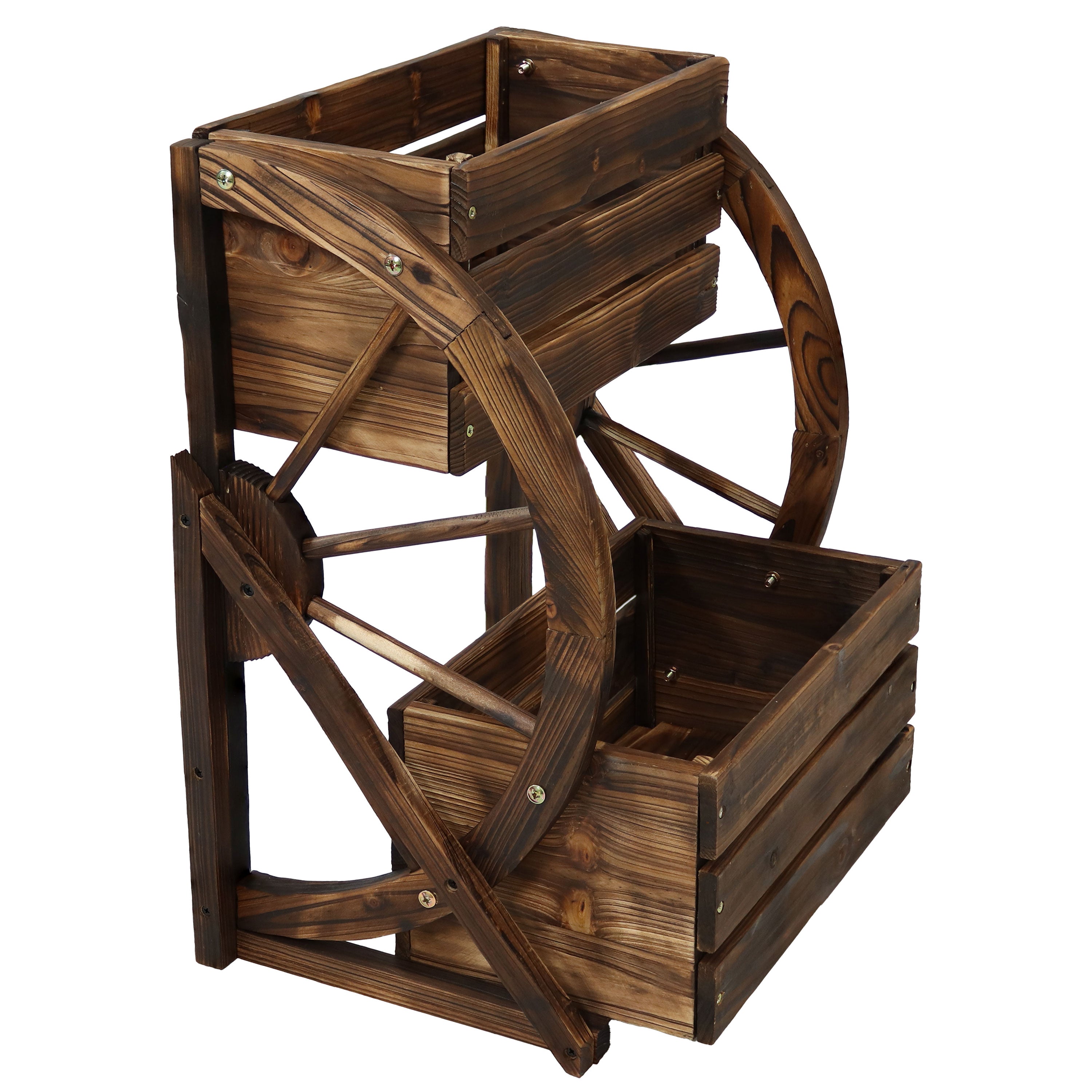 Rustic Wood Wagon Wheel 2-Tier Plant Stand for Indoor & Outdoor Decor - Perfect for Patio, Garden, or Farmhouse Style Home