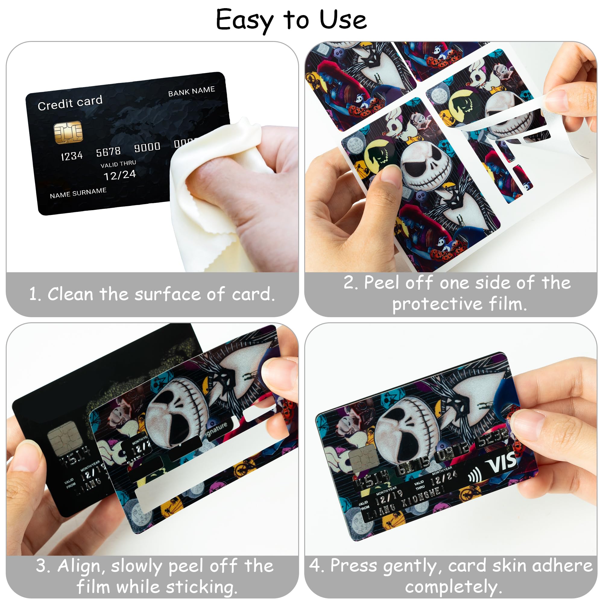 Halloween Jack and Sally Credit Card Skins - 4Pcs Removable Cartoon Skull Card Stickers for Debit/Bank Cards | Skeleton Themed Protective Skins for Halloween & Christmas Gifts | Perfect for Credit Card Protection, Themed Parties & Spooky Gift Giving
