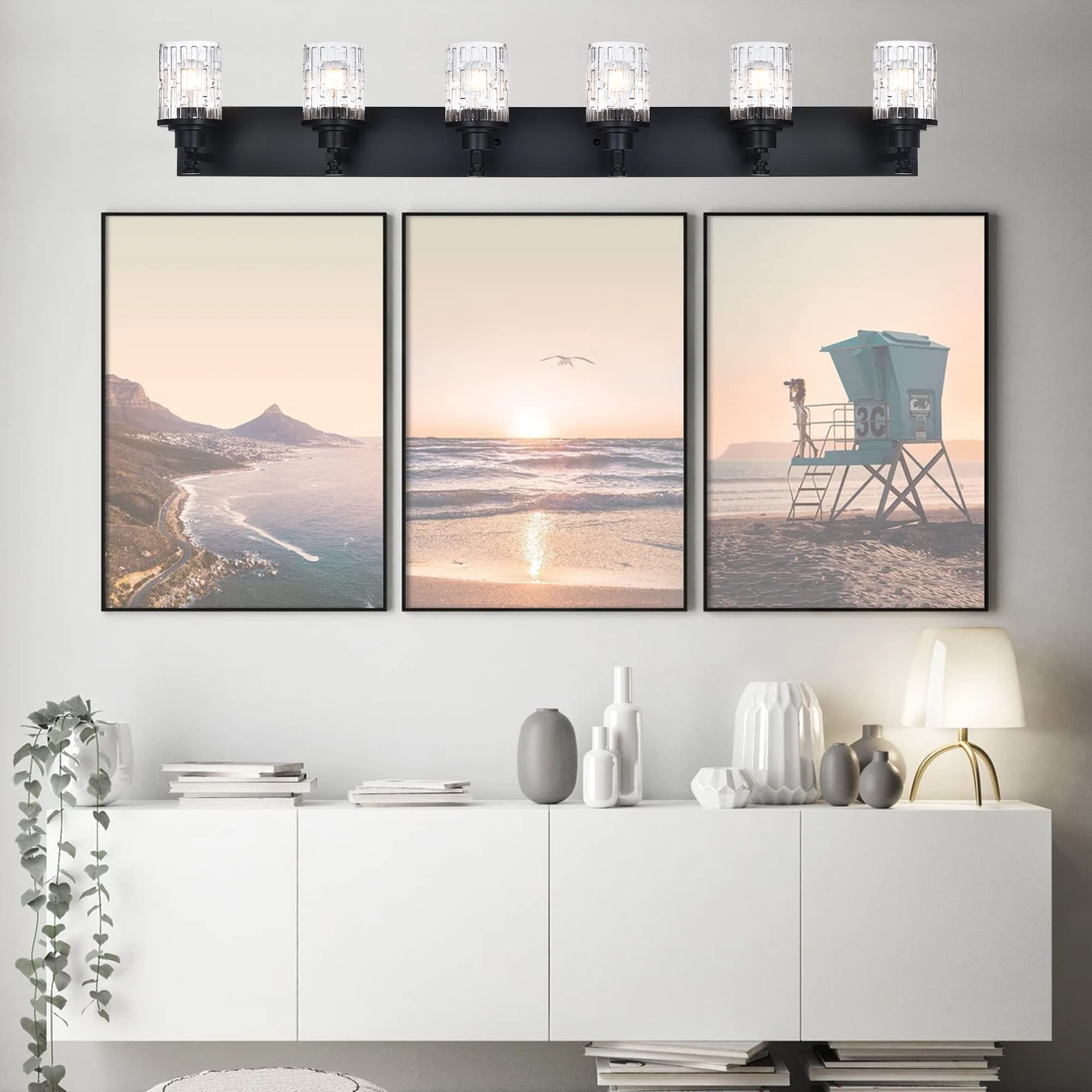 MELUCEE 6-Light Matte Black Industrial Vanity Lighting Fixture with Clear Grid Glass Shade - Modern Bathroom Wall Light for Mirror Cabinet, Powder Room, Kitchen & Foyer | Perfect for Home Decor & Interior Lighting