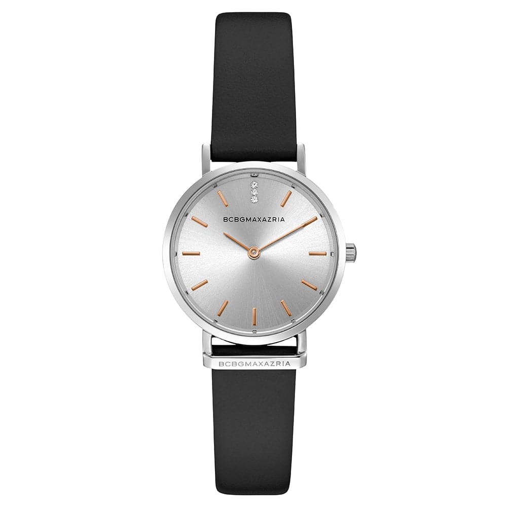 BCBGMAXAZRIA Women's Minimalist Leather Watch BG50821001 - Quartz Silver Dial, Slim Design for Everyday Wear & Office Fashion Accessory