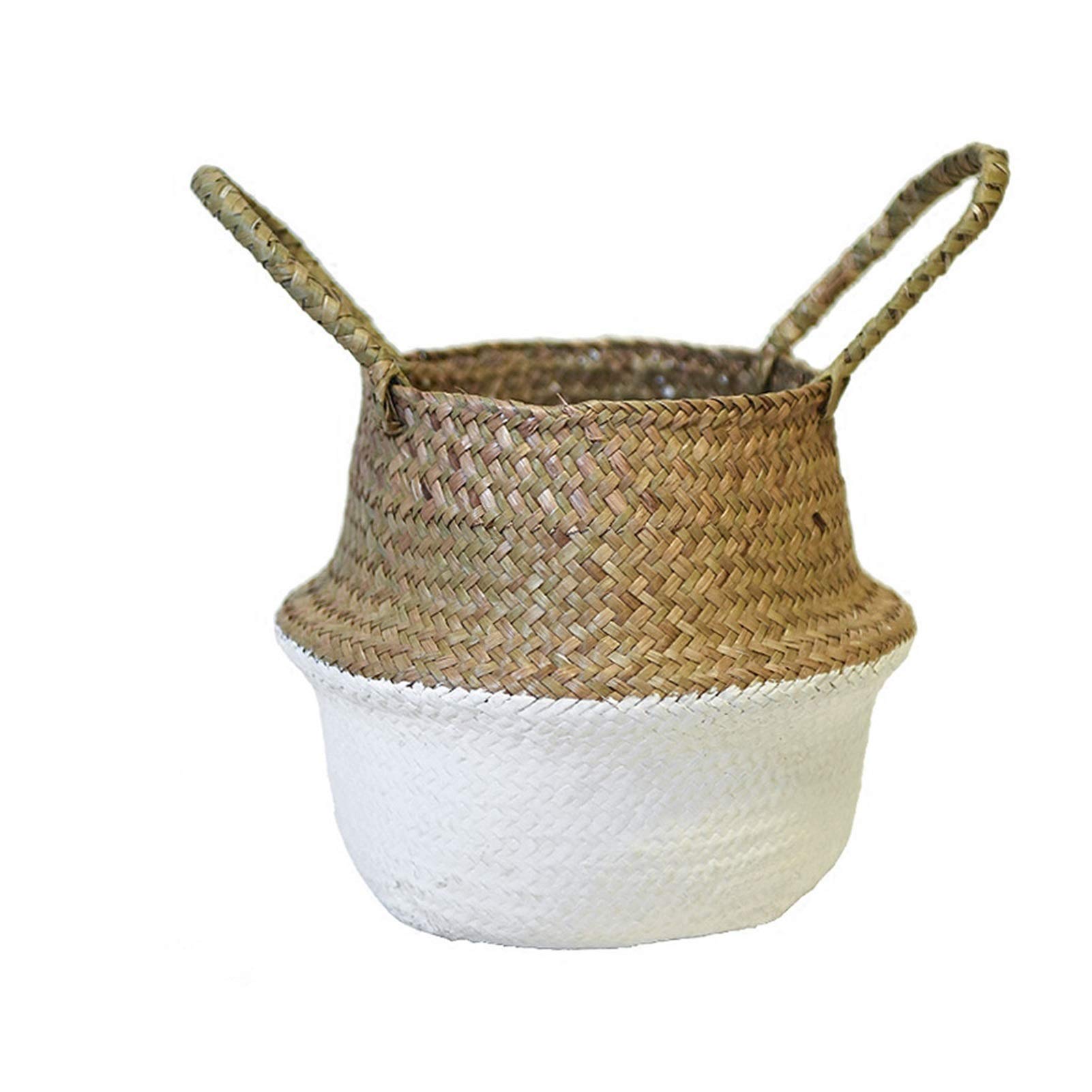 Foldable Mini Bamboo Laundry Basket with Handle - Freestanding Storage Basket for Laundry, Seagrass, Wicker Rattan, Straw Patchwork - Perfect for Bedroom, Bathroom, Closet & Flower Pot Planter (White)