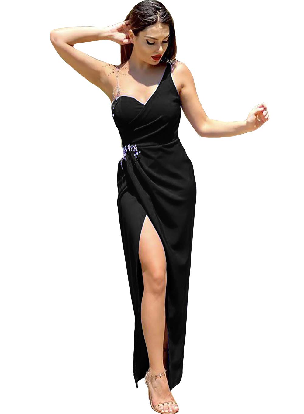IVYPRECIOUS Elegant One Shoulder Mermaid Prom Dress with Beading - Satin Formal Gown with High Side Slit for Homecoming, Wedding, Ball & Special Occasions