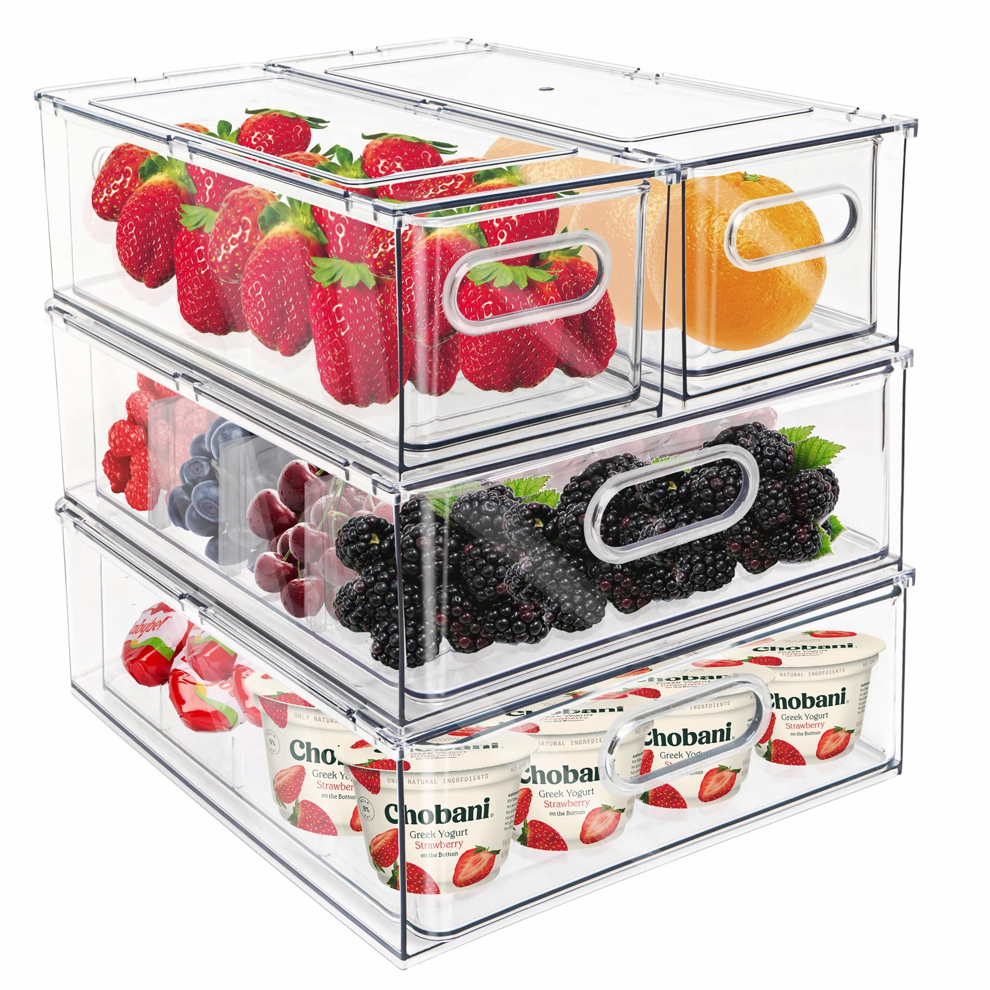 Clear Stackable Refrigerator Drawer Organizer Bins with Handles & Dividers - 4 Pack Plastic Food Storage Containers for Pantry, Cabinet, Kitchen | Perfect for Fruits, Vegetables, Meal Prep & Closet Organization