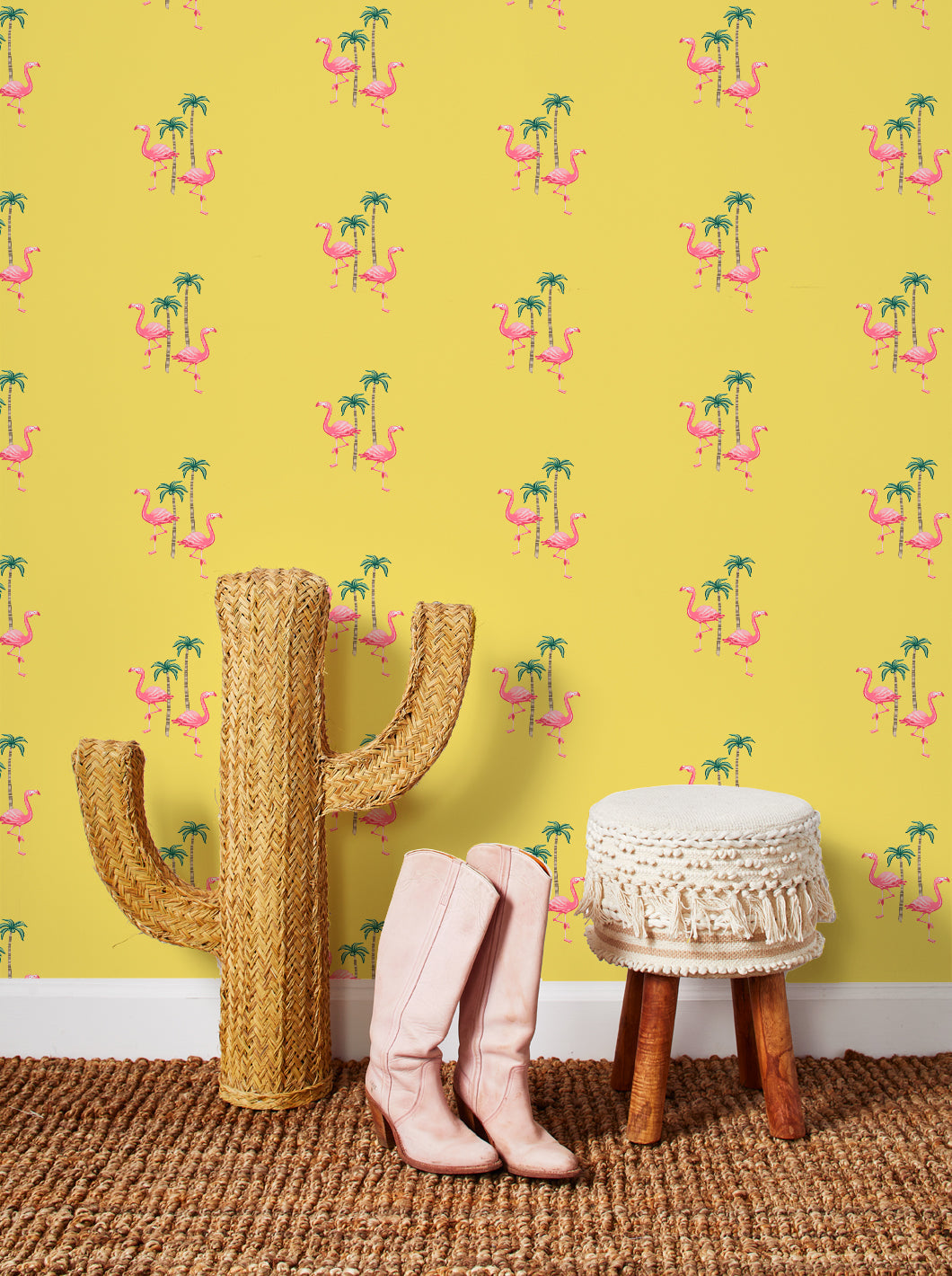 Barbie™ Land Flamingo Palm Tropical Wallpaper - Pink & Yellow Watercolor Design - Perfect for Girls' Bedroom, Playroom & Nursery Decor