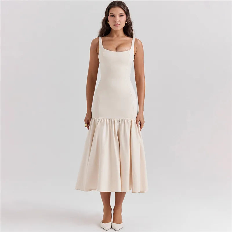 Elegant Backless Maxi Fishtail Dress for Women - Square Collar Sleeveless Loose Pleated Long Gown | Perfect for Evening Parties, Weddings & Special Occasions