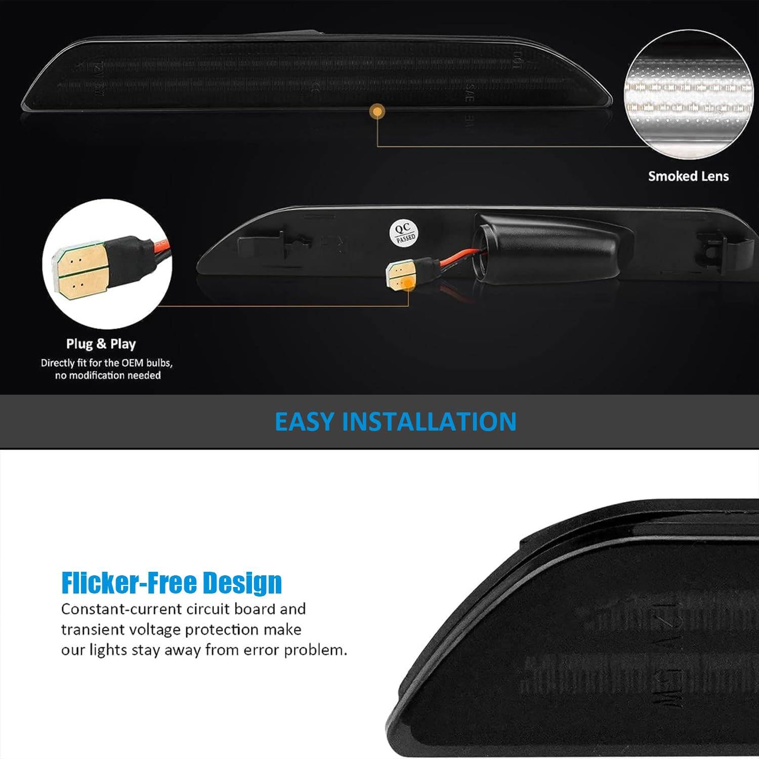 Bestview LED Side Marker Lights for 2010-2014 Ford Mustang - Smoked Lens Front Reflectors, Dual Rows White Light - Driver & Passenger Side Bumper Lights (Pack of 4) - Perfect for Night Driving & Car Customization