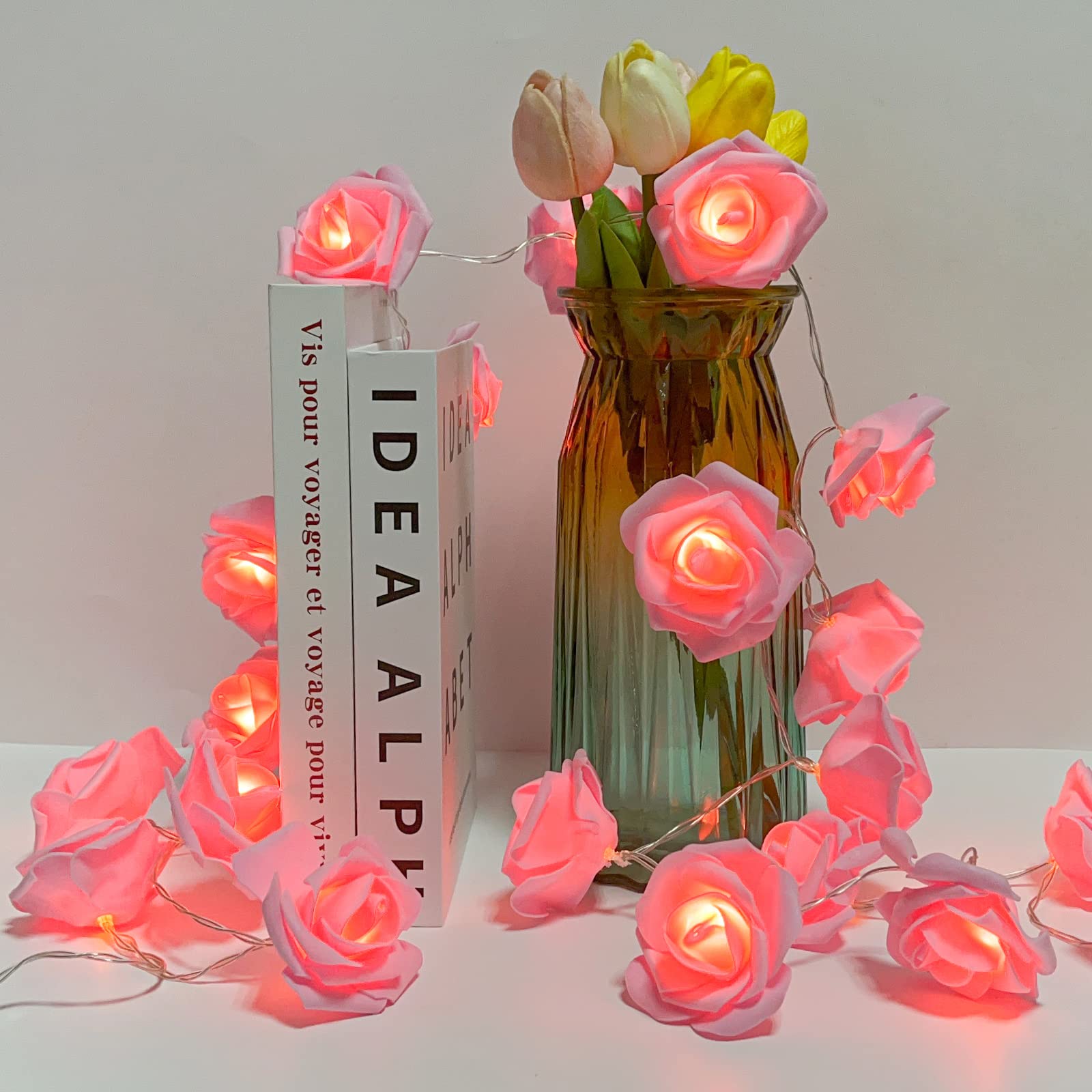 VIPMOON Pink Rose String Lights - 20 LED Fairy Lights for Bedroom, Battery Operated Romantic Flower Lights - Perfect for Mother's Birthday, Party, Proposal & Home Decoration (2M/6.65ft) | Create Cozy Ambiance for Weddings, Dinners & Nursery Decor