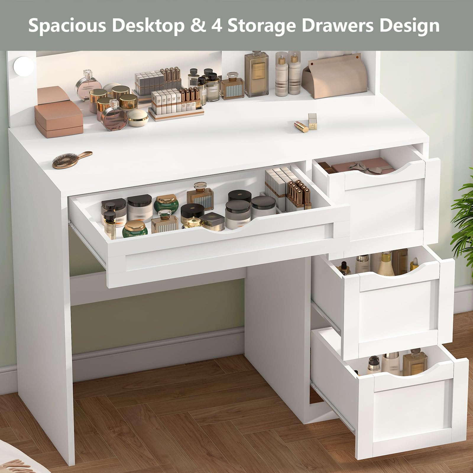 USIKEY White Makeup Vanity Desk with LED Mirror & 10 Adjustable Lights - 4 Drawers, 2 Storage Shelves, 3 Color Modes - Perfect Dressing Table for Bedroom, Home Salon & Beauty Room Organization