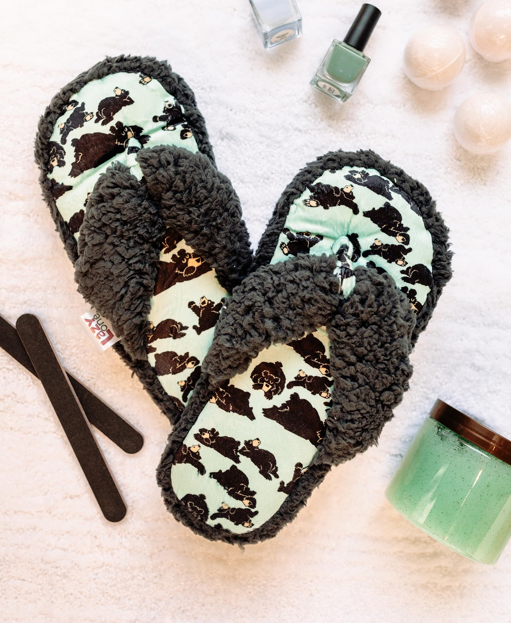 Lazy One Spa Flip Flops for Women & Girls - Cozy Fuzzy House Slippers with Soft Memory Foam - Perfect for Relaxing at Home, Spa Days & Lounging