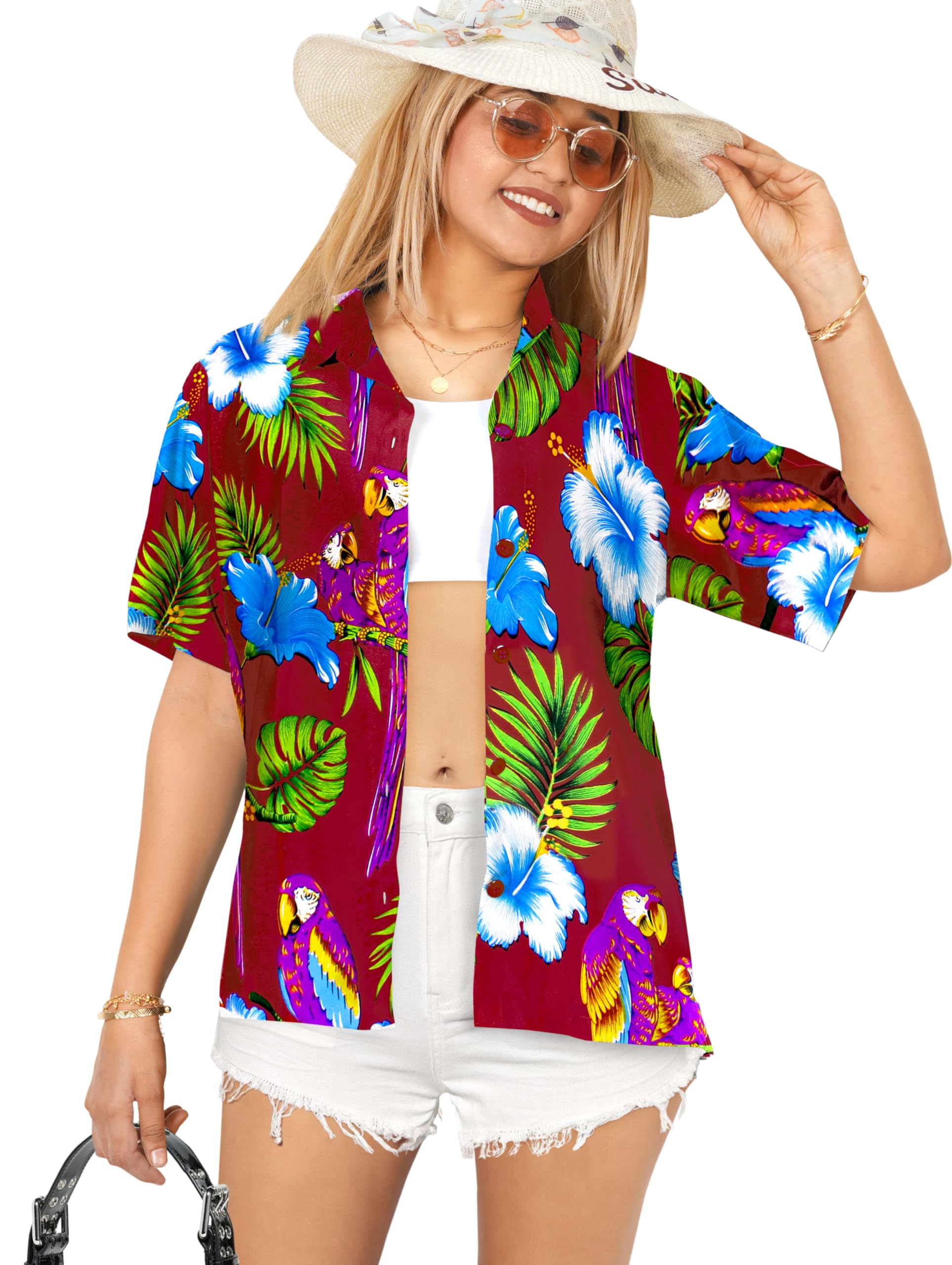 LA LEELA Women's Short Sleeve Hawaiian Beach Blouse - Floral Print Vacation Shirt for Summer, Pool Party & Tropical Getaways