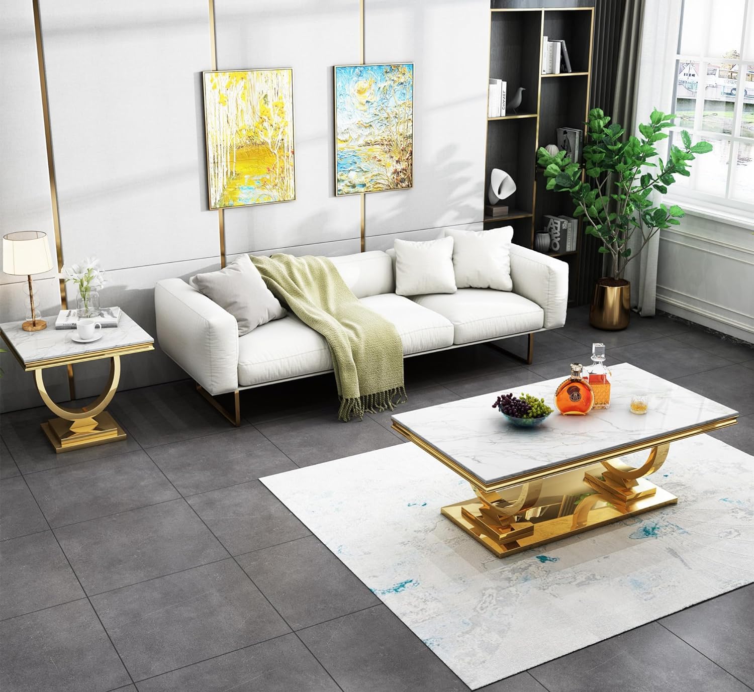 3-Piece Faux Marble Coffee Table Set with Wood Tabletop & Stainless Steel Frame - Modern Living Room Furniture for Apartment, Home Office (Gold) | Perfect for Small Spaces, Entertaining Guests & Stylish Home Decor