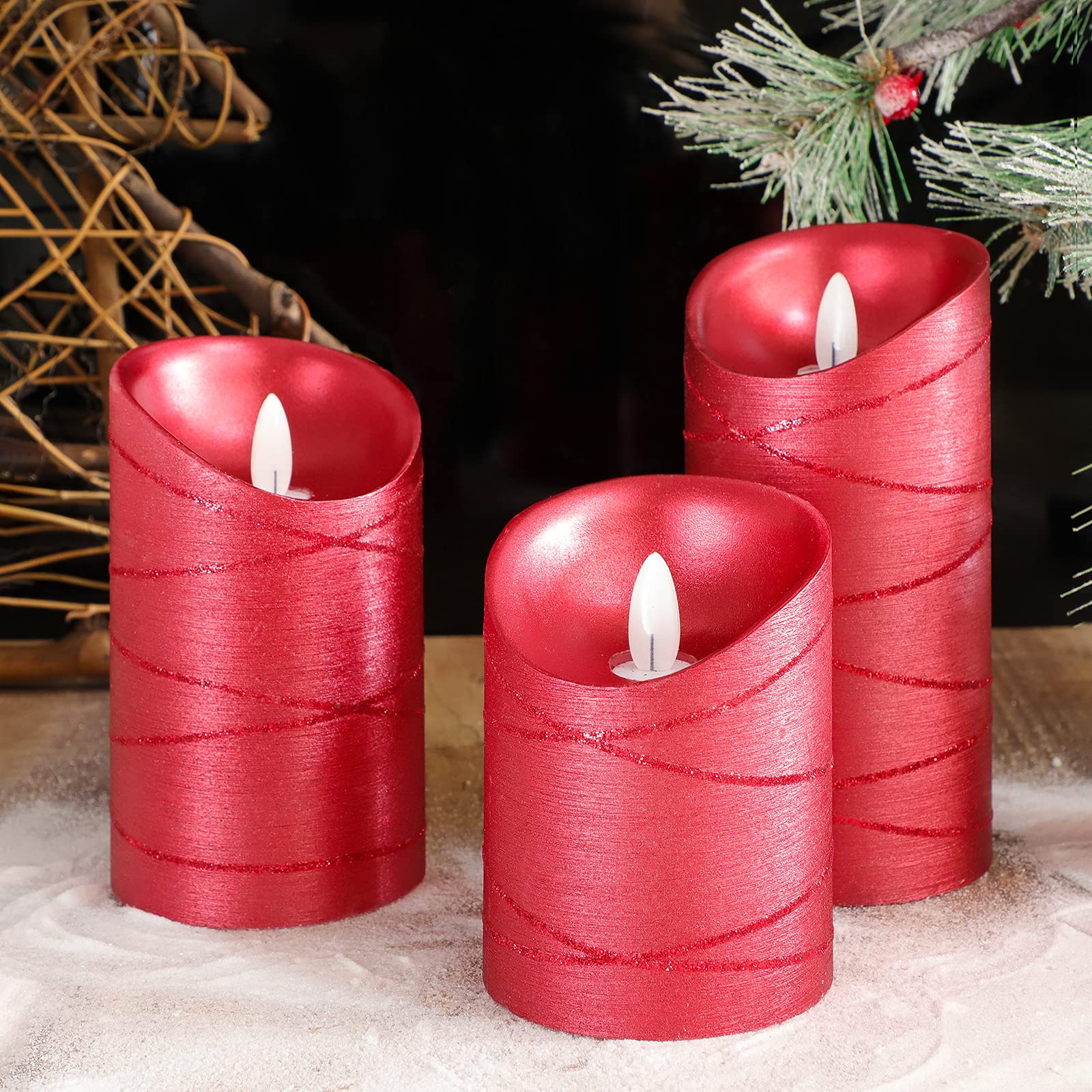 MELTONE Red LED Candles with Remote Control - Battery Operated Flameless Candles with Real Wax & Flickering Red Ribbon Effect - Romantic Home Decor for Weddings, Christmas, Parties & Room Decoration - Set of 3 Candles for Cozy Ambiance & Holiday Celebrations
