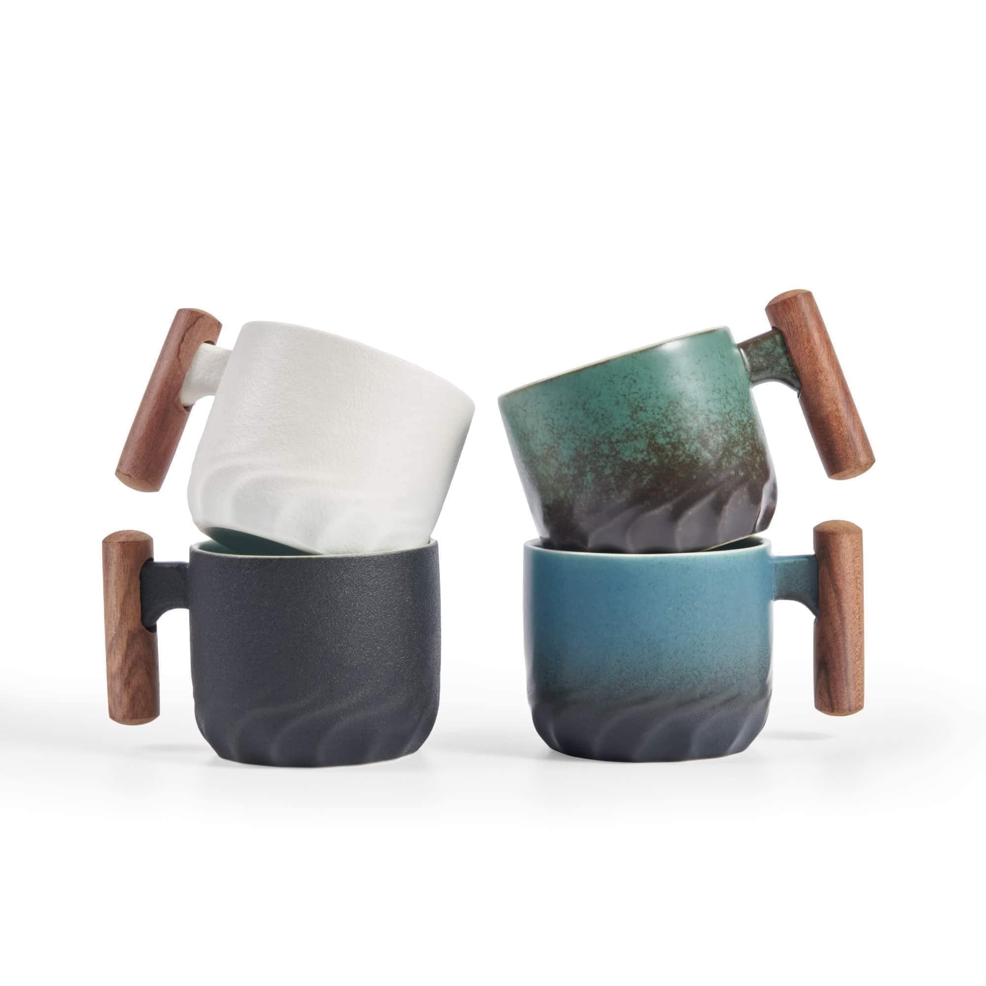 Premium Ceramic Espresso Cups with Wooden Handle - 3oz Small Coffee Cups for Espresso, Tea or Cappuccino - Set of 2 Porcelain Demitasse Cups (Black) - Perfect for Home, Cafe or Office Use