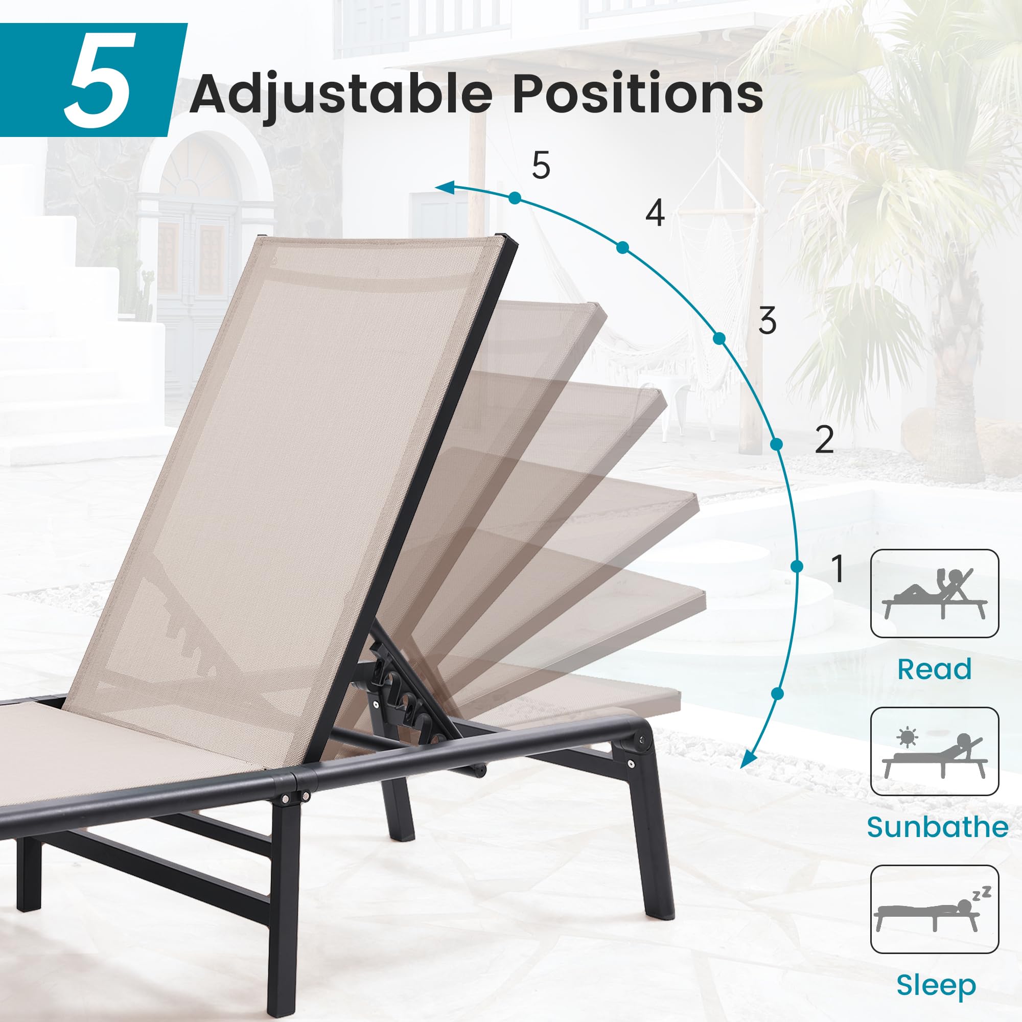Premium Outdoor Aluminum Chaise Lounge Chairs Set of 2 - 5-Position Adjustable Backrest, No Assembly Required, Lightweight & Foldable for Easy Storage - Perfect for Poolside, Deck, Lawn, Beach & Patio Relaxation (Beige)