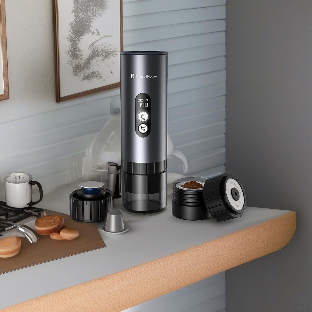 Maestri House 150W Portable Espresso Machine - Fast 2-3 Minute Self-Heating, Compatible with NS Capsules & Ground Coffee, Includes Travel Cup Holder - Perfect for Car Camping, RV Trips, Hiking & Outdoor Adventures
