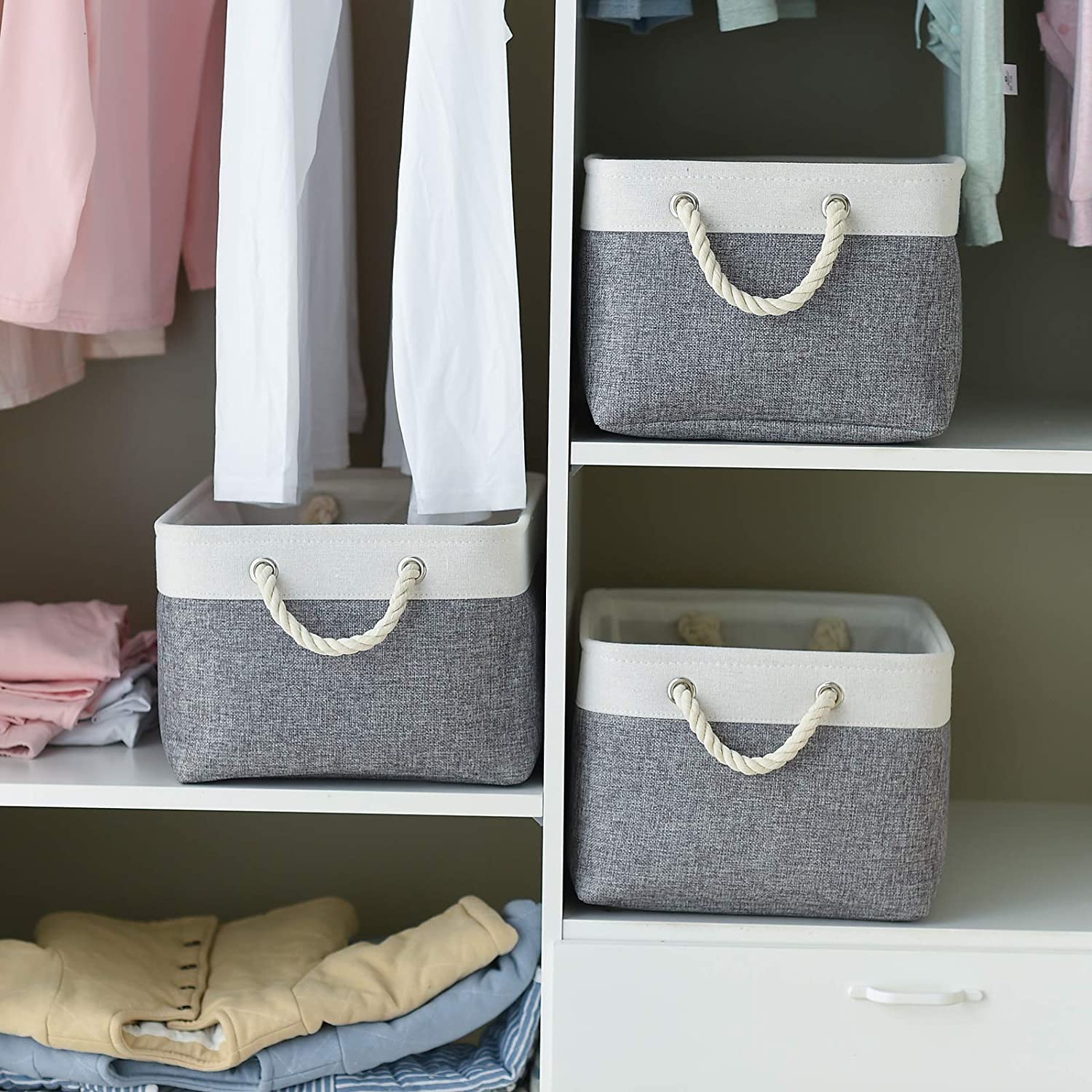 TcaFmac 4-Pack Large Fabric Storage Baskets - 15.8x11.8x8.2 Inch Foldable Organizer Bins for Shelves, Closet, Kids Room | Perfect for Toys, Clothes & Home Organization (White & Grey)