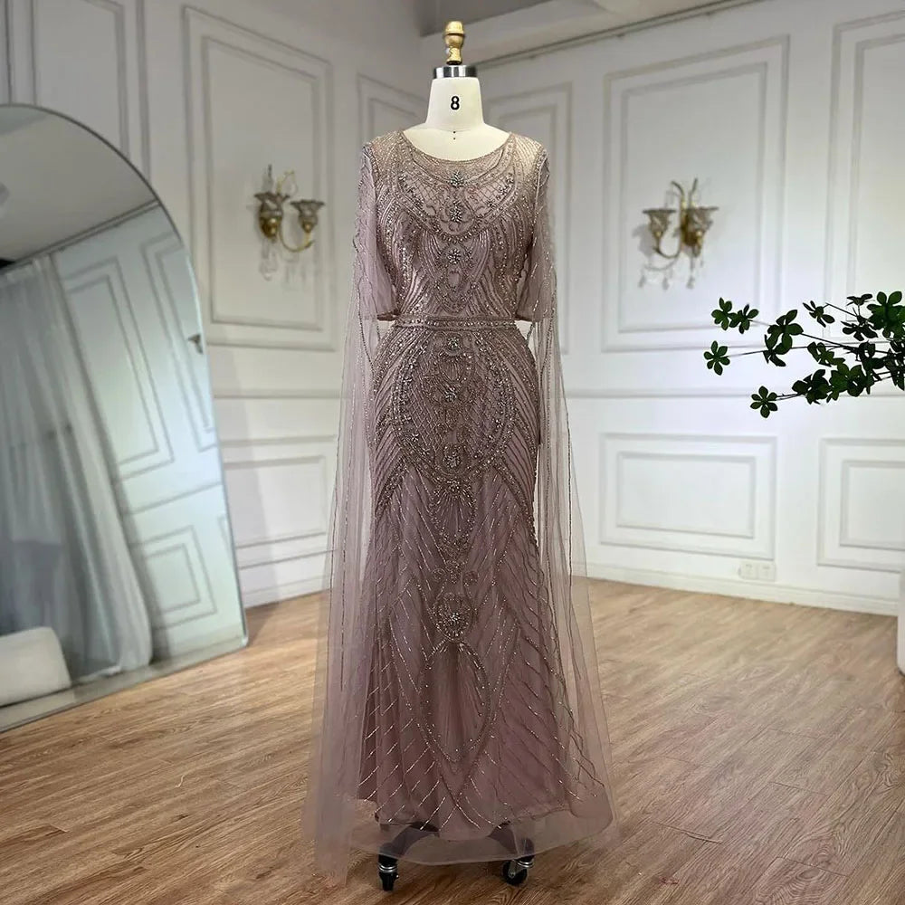 Elegant Dubai Arabic Green Mermaid Evening Dress with Beaded Cape Sleeves - Women's Luxury Party Gown for Special Occasions, Weddings & Red Carpet Events LA72562