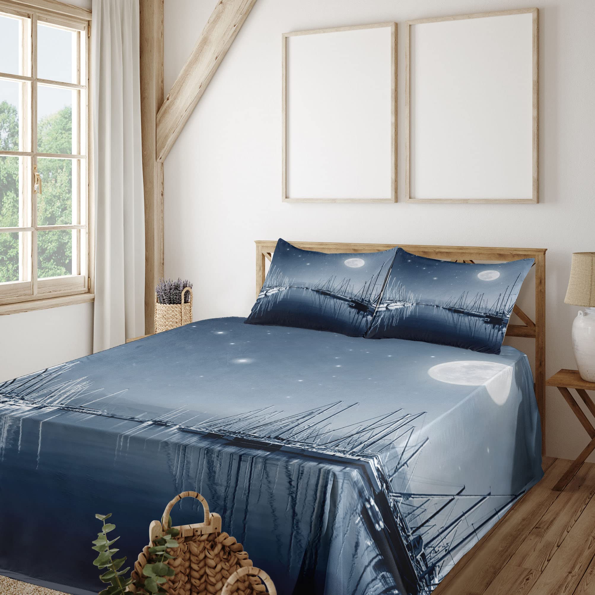 Ambesonne Boats Sheet Set - Tranquil Marina Night View with Stars & Full Moon, 4-Piece King Size Bedding Set (Fitted Sheet, Flat Sheet, 2 Pillowcases) in Slate Blue & White - Perfect for Coastal & Nautical Themed Bedrooms, Guest Rooms, or Vacation Homes