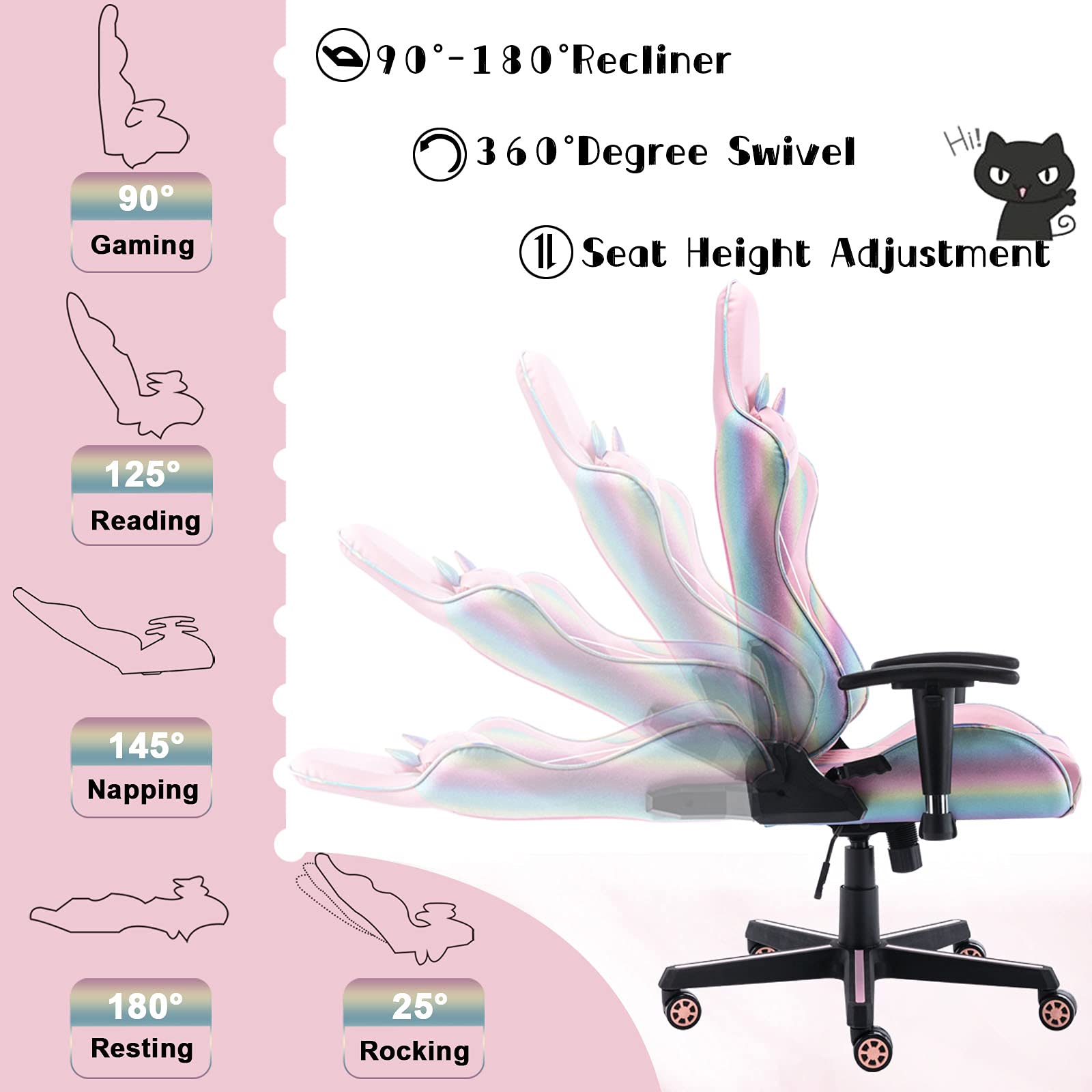 Ergonomic Pink Gaming Chair with Cute Cat Headrest & Lumbar Support - Comfortable Computer Desk Chair for Adults & Kids (Rainbow, Black Base) - Perfect for Home Office, Gaming Setup & Study Room