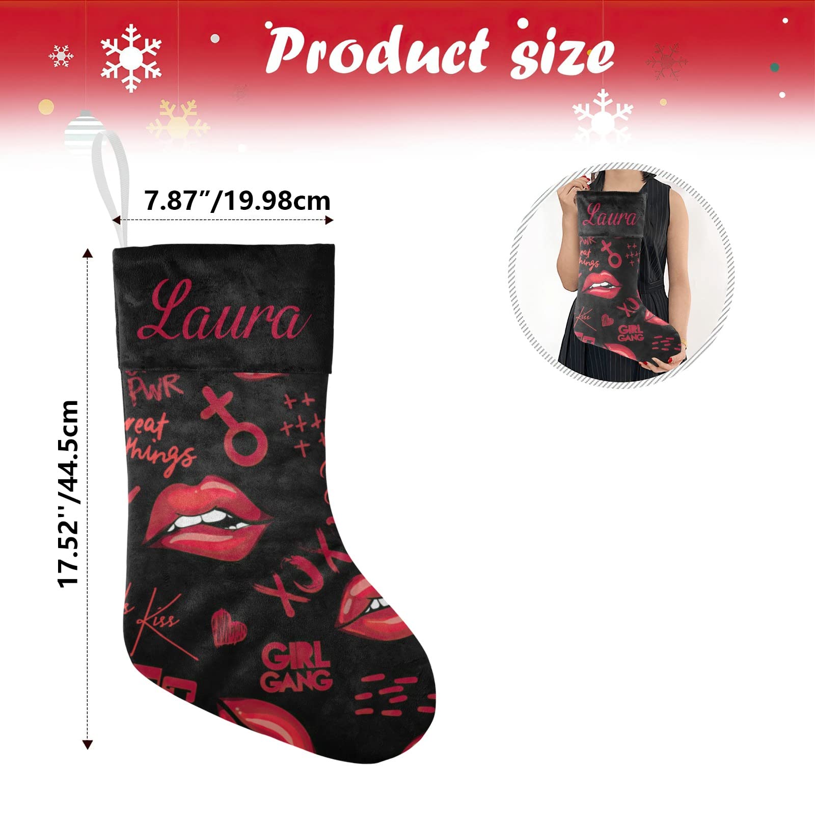 Personalized Christmas Stockings with Kiss Lips & Hearts Design - Custom Name Holiday Socks for Family Party Decor (17.52 x 7.87 Inch) - Perfect for Fireplace Mantel, Gift Exchange & Festive Home Decor