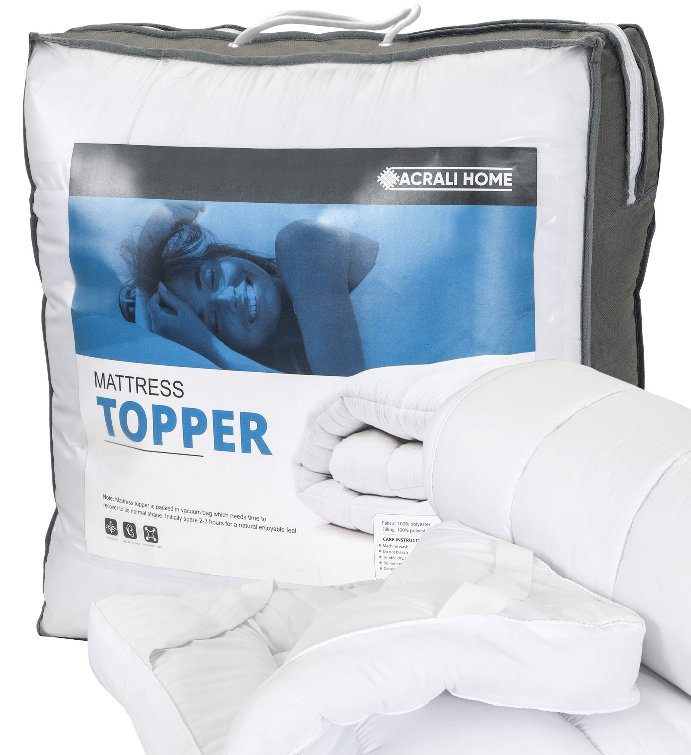 ACRALI HOME 4 Inch Thick Mattress Topper for Double Bed - 10cm Deep Hotel Quality Cooling Mattress Pad with Breathable Quilted Cover & Elastic Straps - Extra Comfort for Guest Room, Dorm, RV or Apartment