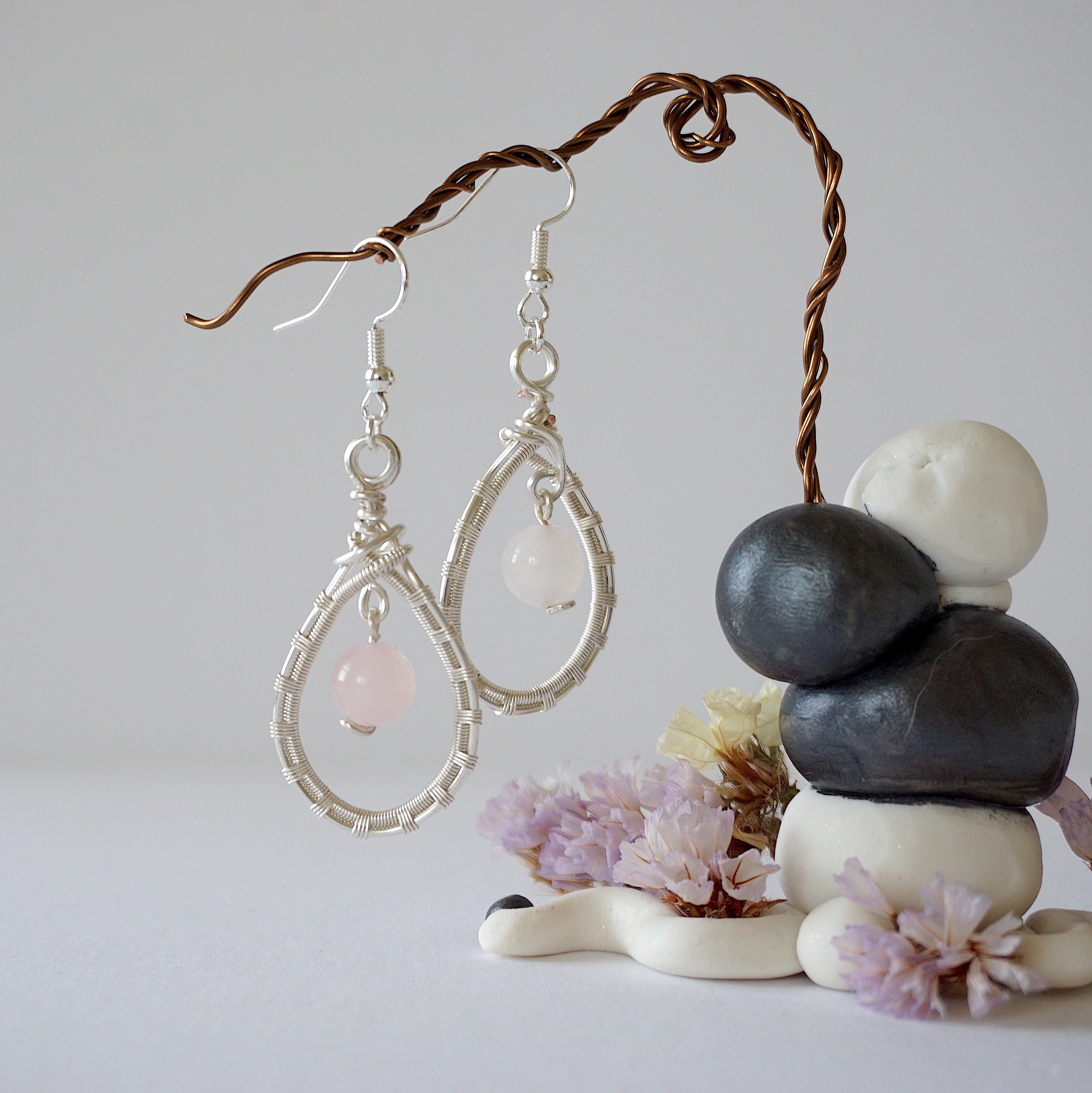 Rose Quartz Round Wire Earrings - Silver Plated Dangle Earrings for Women, Healing Crystal Jewelry Gift for Her | Boho Chic, Meditation, Yoga, Everyday Wear