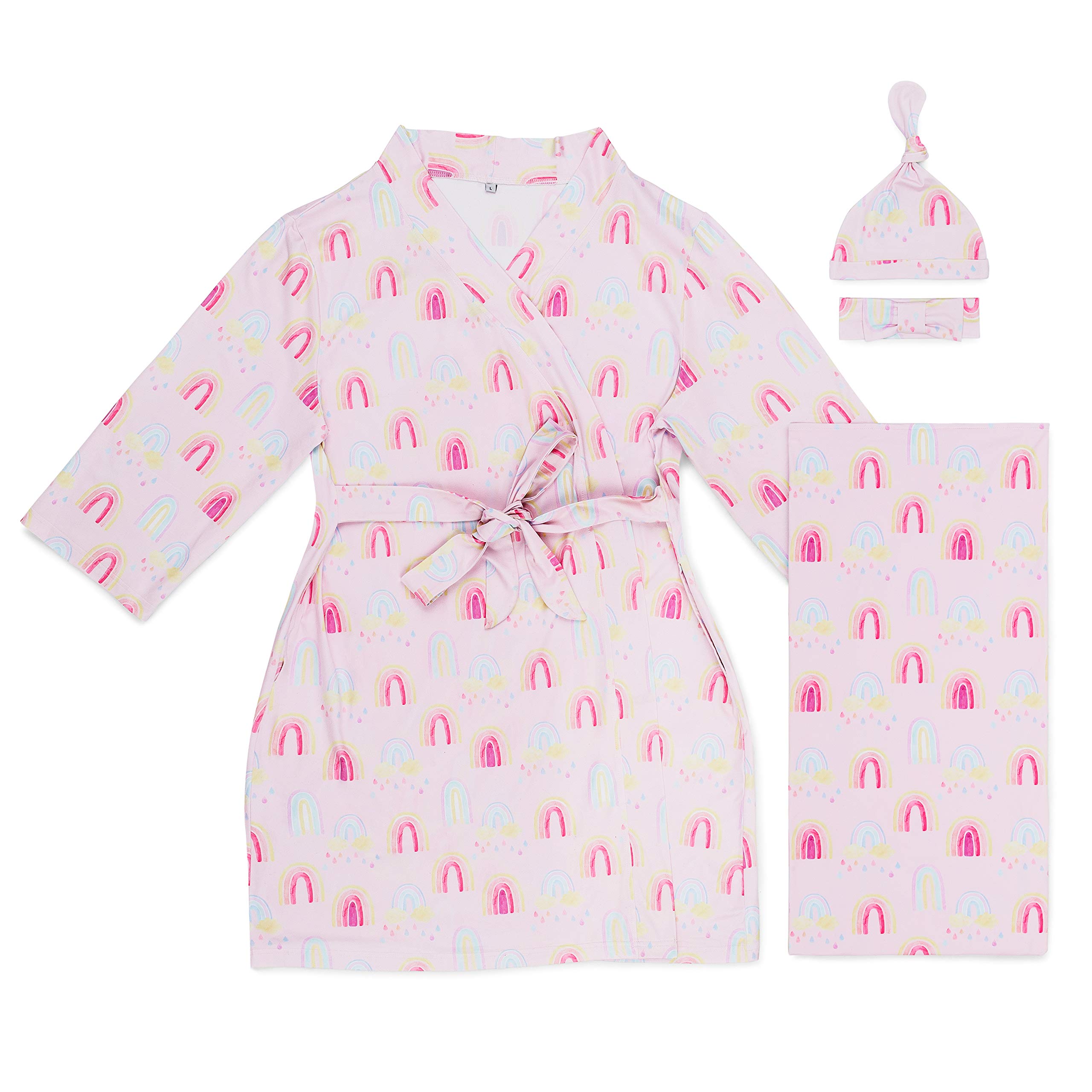 Millie Mae LLC Rainbow Baby Girl Maternity Robe & Matching Gown Set with Swaddle Blanket, Headband & Newborn Hat - Soft Nursing Pajamas for Mom & Baby, Perfect for Hospital, Photoshoot & Newborn Gift