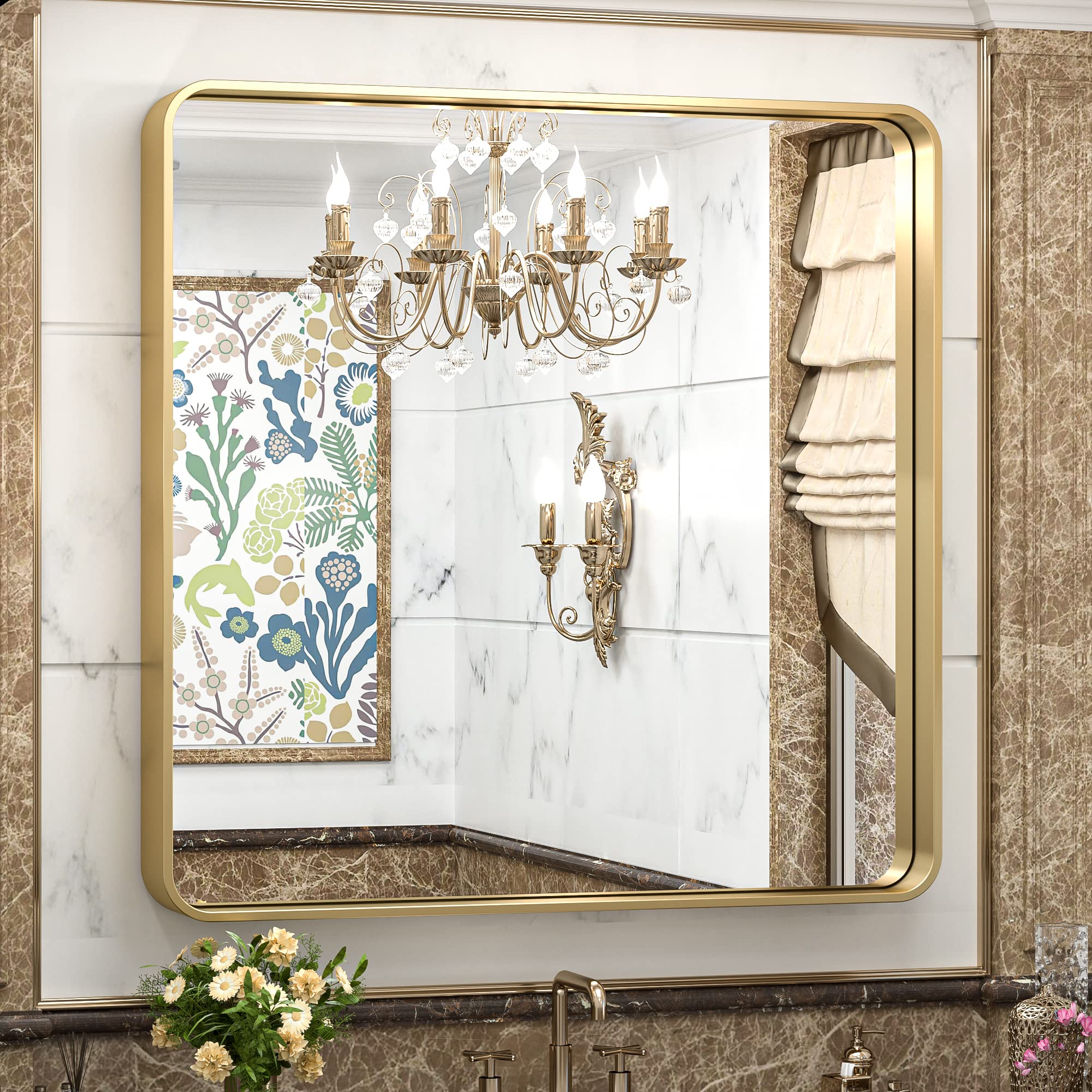 TokeShimi 36x36 Inch Gold Bathroom Vanity Mirror - Non-Rusting Aluminum Alloy Frame, Matte Brushed Metal, Modern Farmhouse Decor - Perfect for Bathroom, Bedroom, or Entryway (Horizontal/Vertical Mounting)