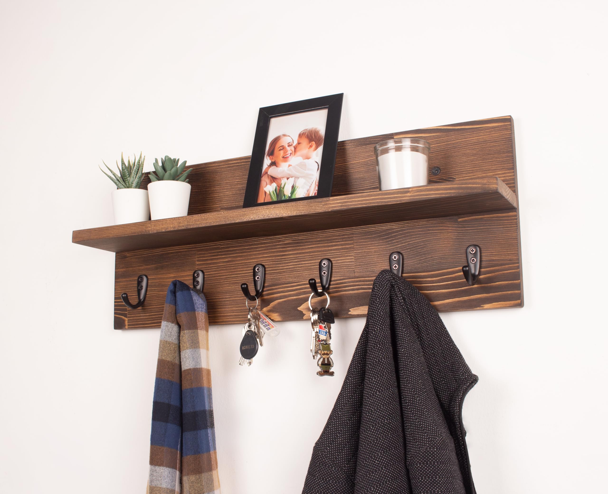 Rustic Wooden Coat Rack with Floating Shelf - 20