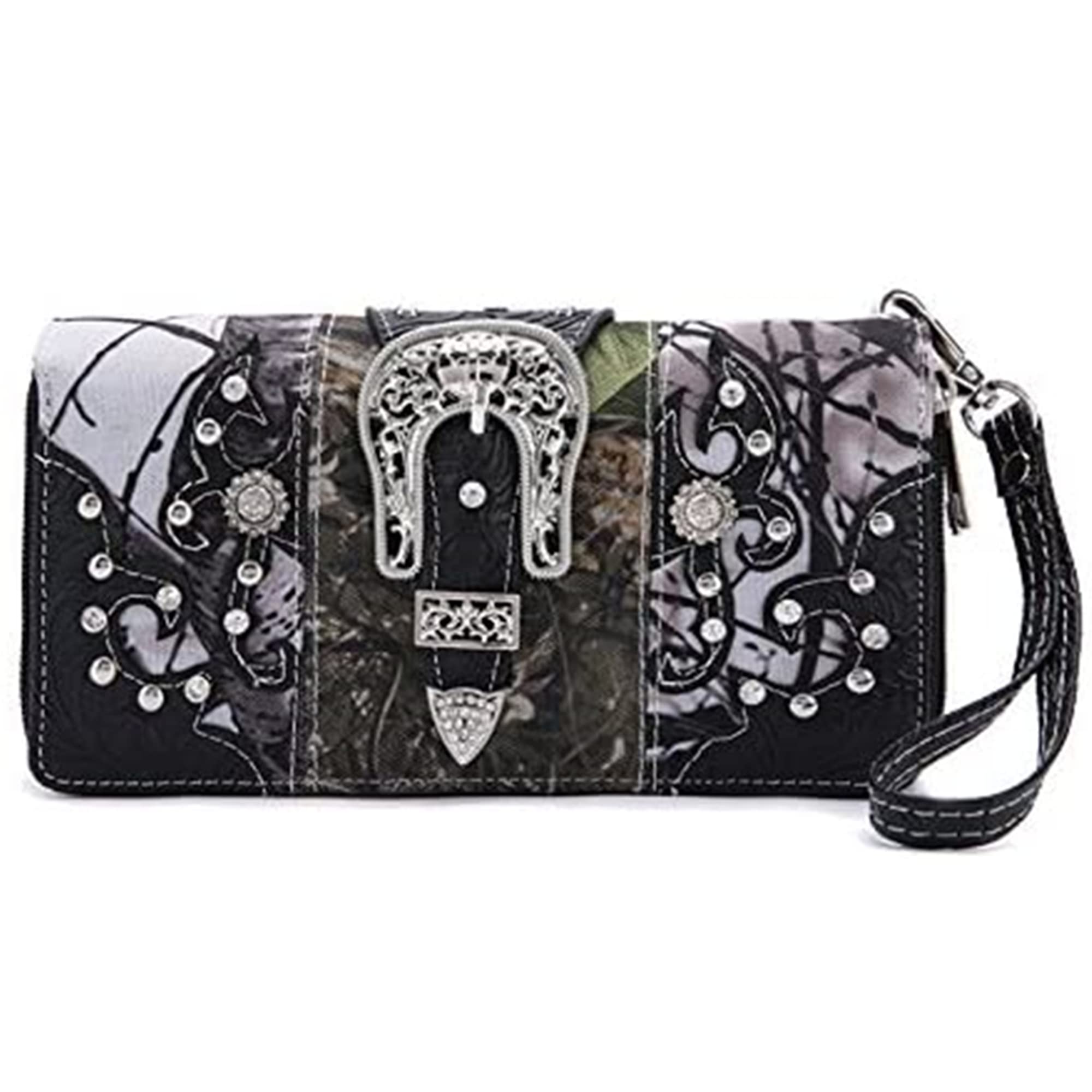 Western Style Camouflage Crossbody Handbag with Concho Buckle & Floral Tooling - Women's Shoulder Purse with Studs & Matching Wallet Set - Perfect for Country Concerts, Rodeos & Western Fashion Outfits