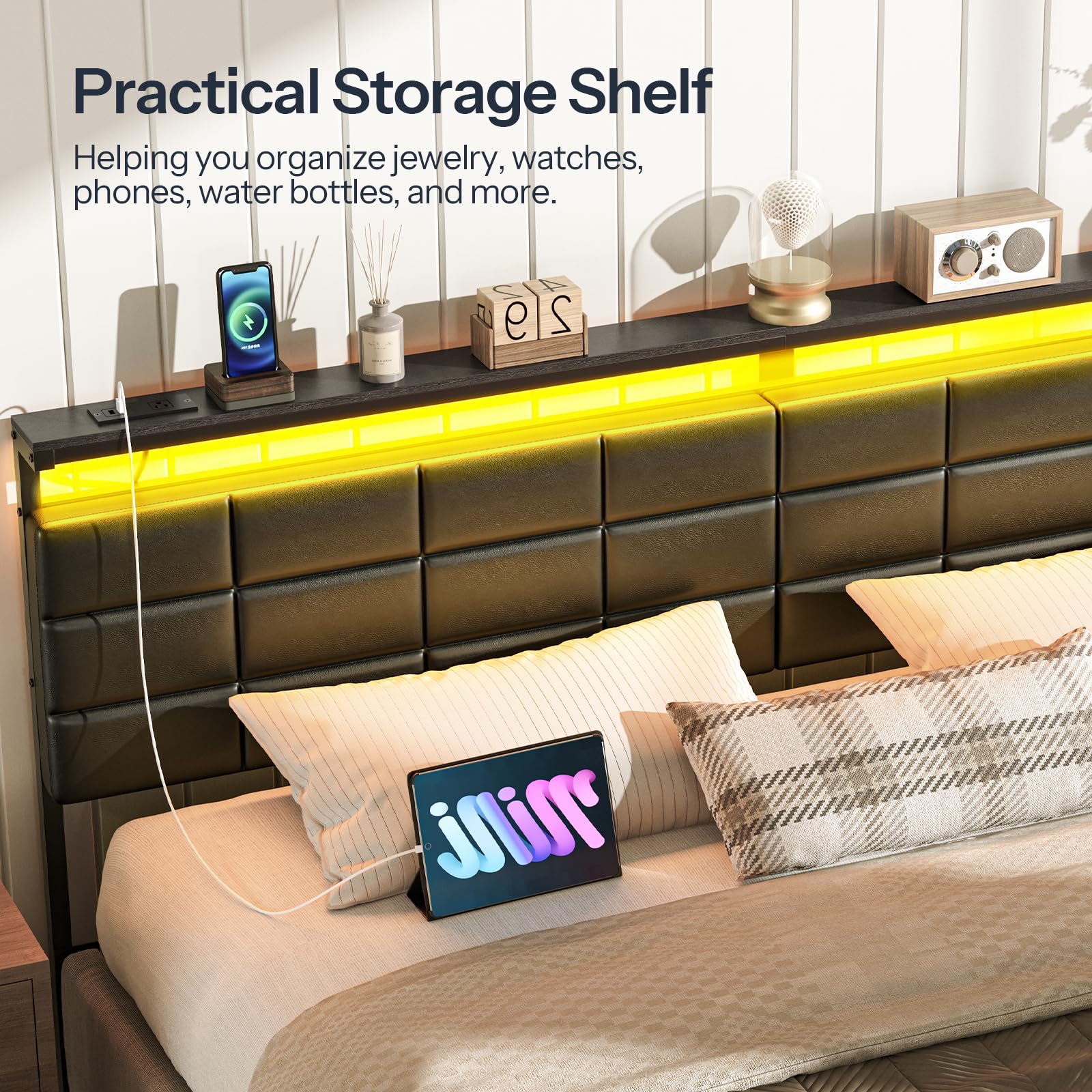 HOOBRO King Size Upholstered Headboard with Storage Rack, USB Charging Stations & LED Lights - Adjustable Height, Sturdy PU Leather Bed Frame Headboard with Open Shelf - Perfect for Modern Bedrooms, Guest Rooms & Small Spaces