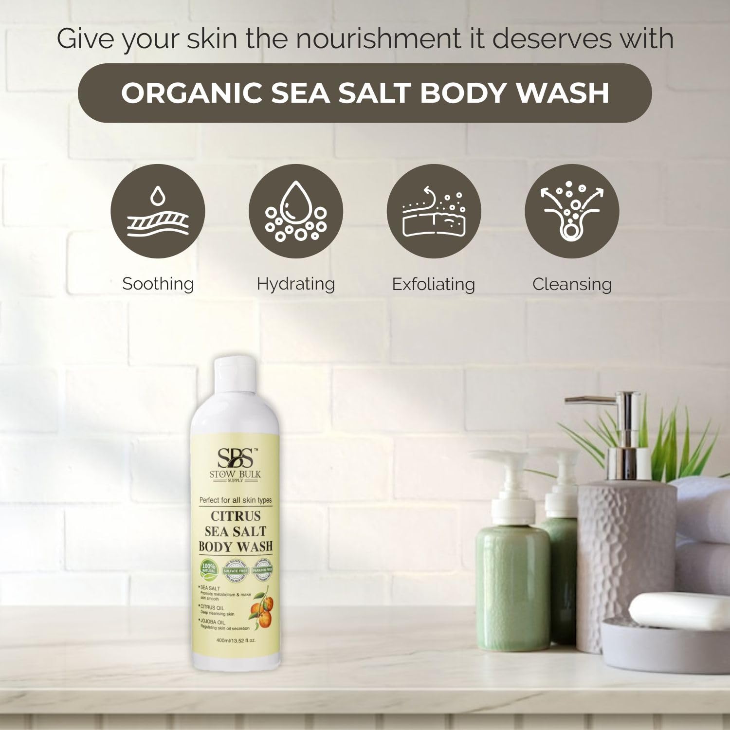 Stow Bulk Citrus Sea Salt Body Wash - 13.5 Fl Oz | Natural Exfoliating & Hydrating Shower Gel for Men & Women | Perfect for Dry Skin, Post-Workout & Spa Day